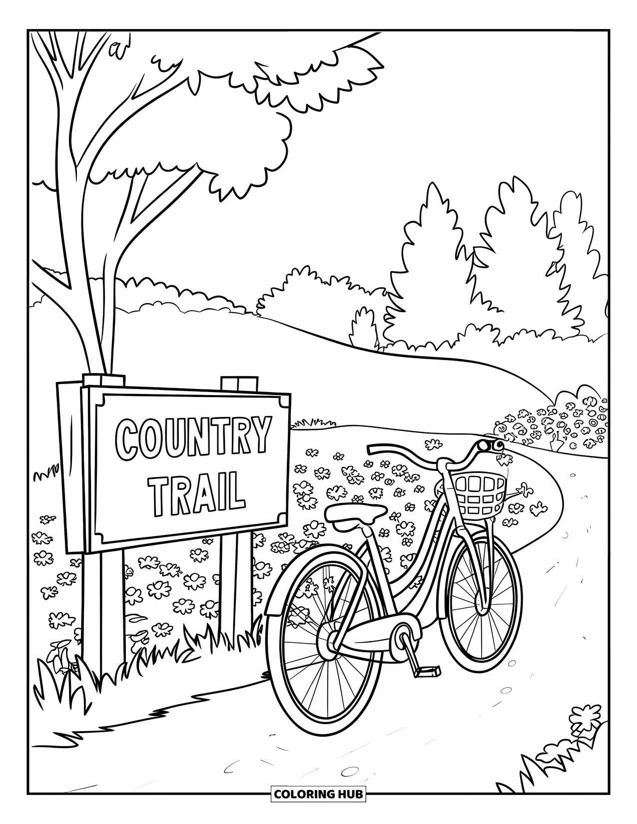 Outdoor Coloring Page for Kids: A bike with a basket is parked along a wildflower trail