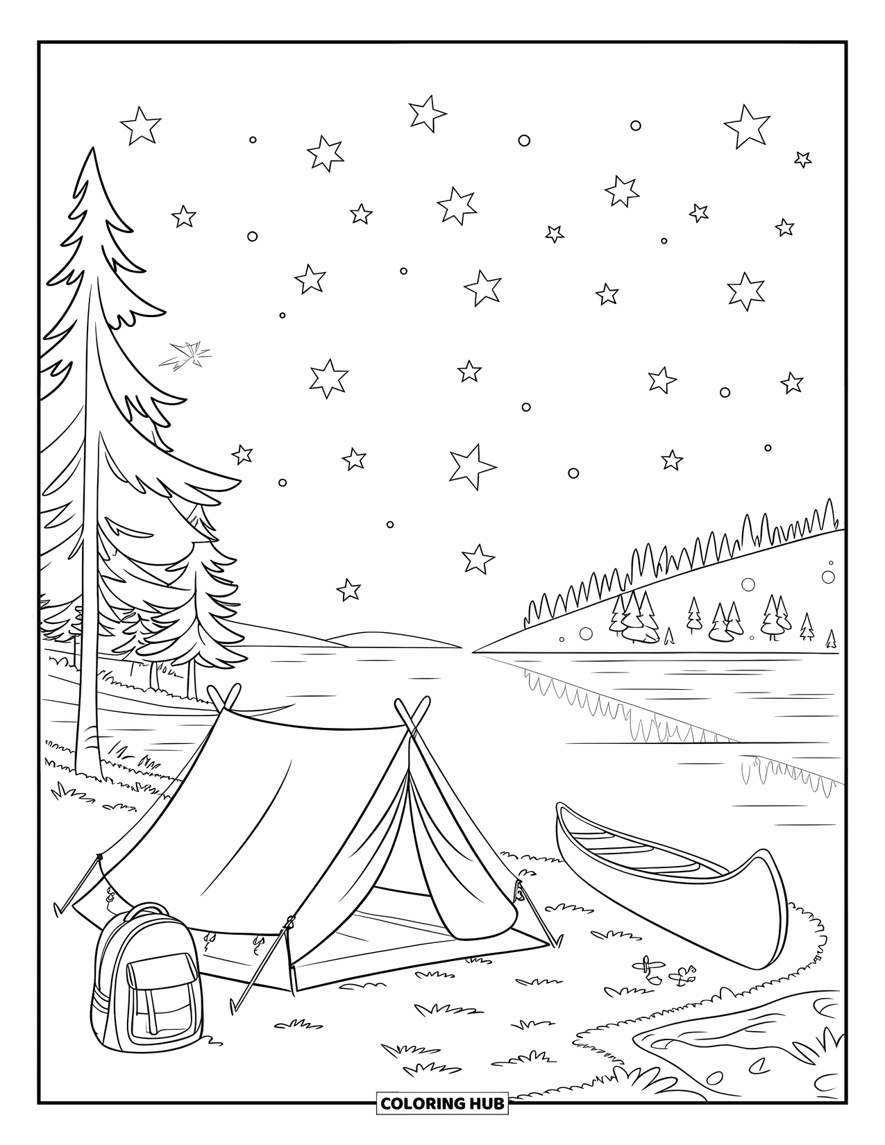 Outdoor Coloring Page for Kids: A calm lakeside campsite glows under a star-filled sky