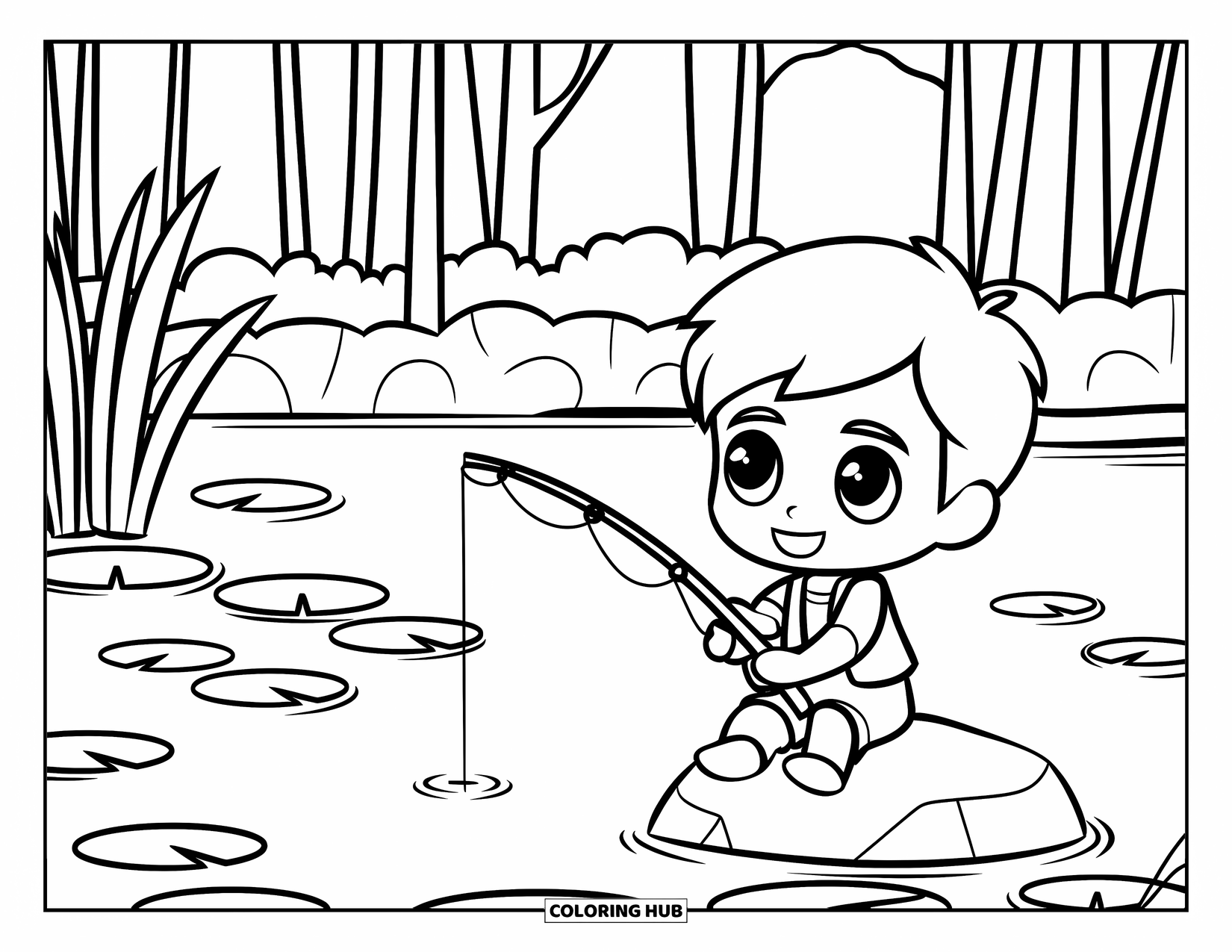 Outdoor Coloring Page for Kids: A chibi boy fishes quietly beside a lily-covered pond