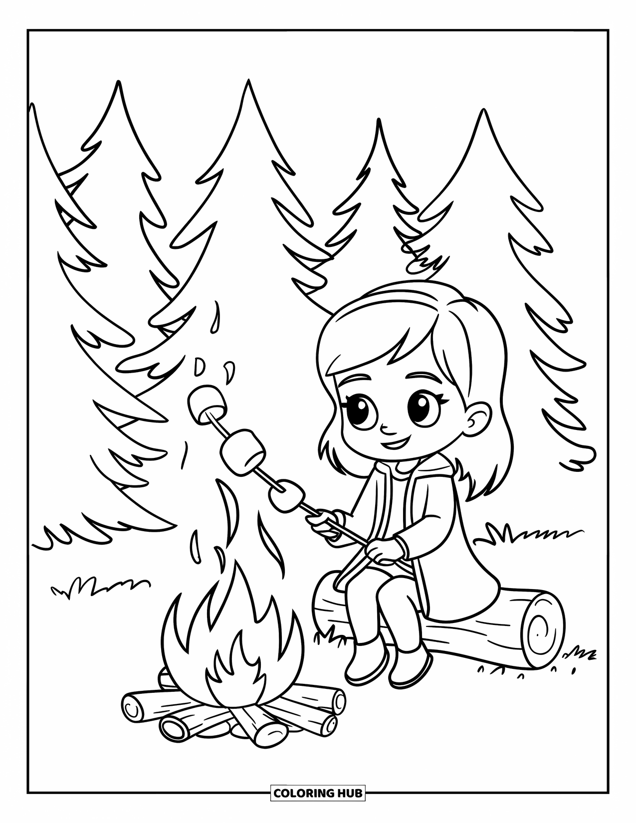 Outdoor Coloring Page for Kids: A chibi girl roasts marshmallows beside a campfire under pine trees