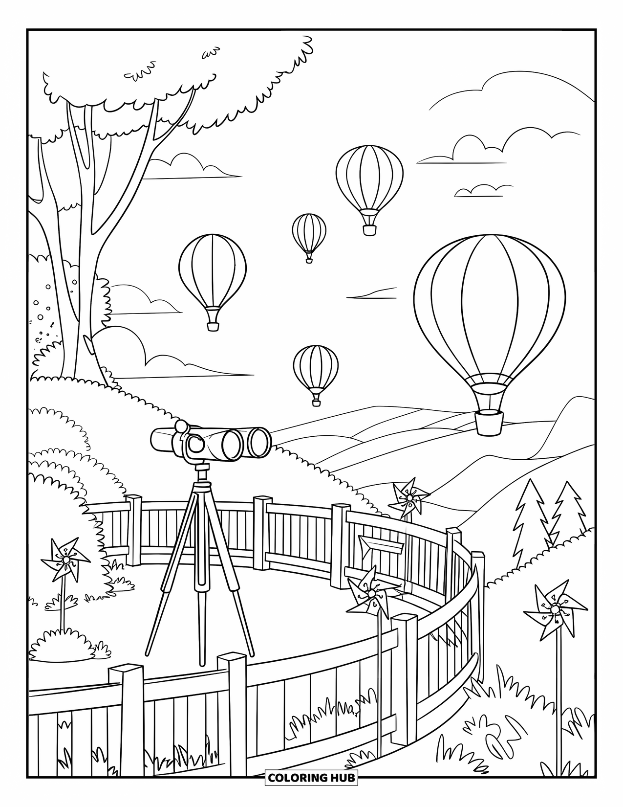 Outdoor Coloring Page for Kids: A cozy lookout hill with binoculars and balloons drifting gently above