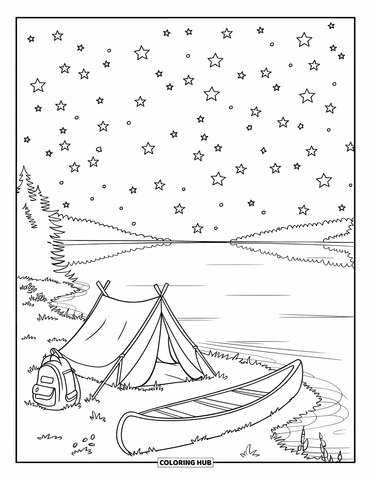 Outdoor Coloring Page for Kids: A lakeside tent sits near a canoe with stars twinkling overhead