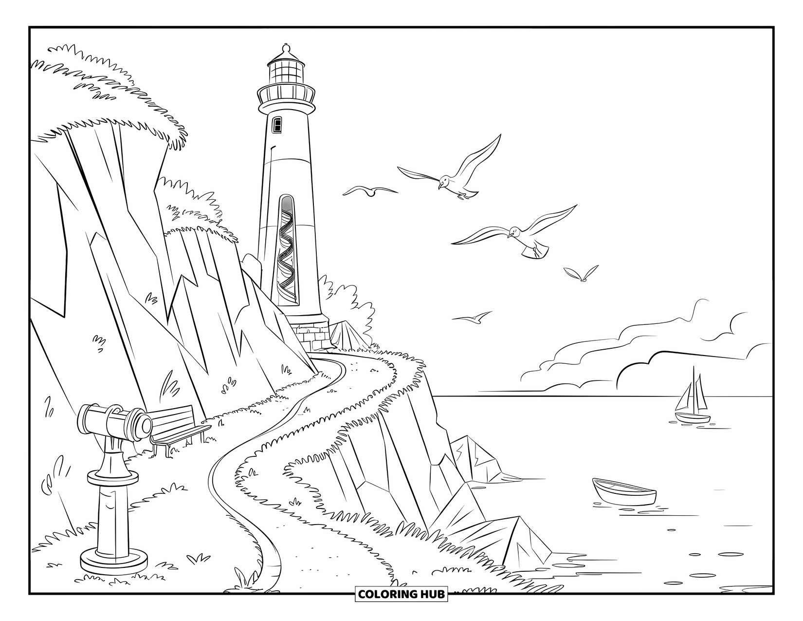 Outdoor Coloring Page for Kids: A lighthouse watches over the sea as birds fly and boats drift below