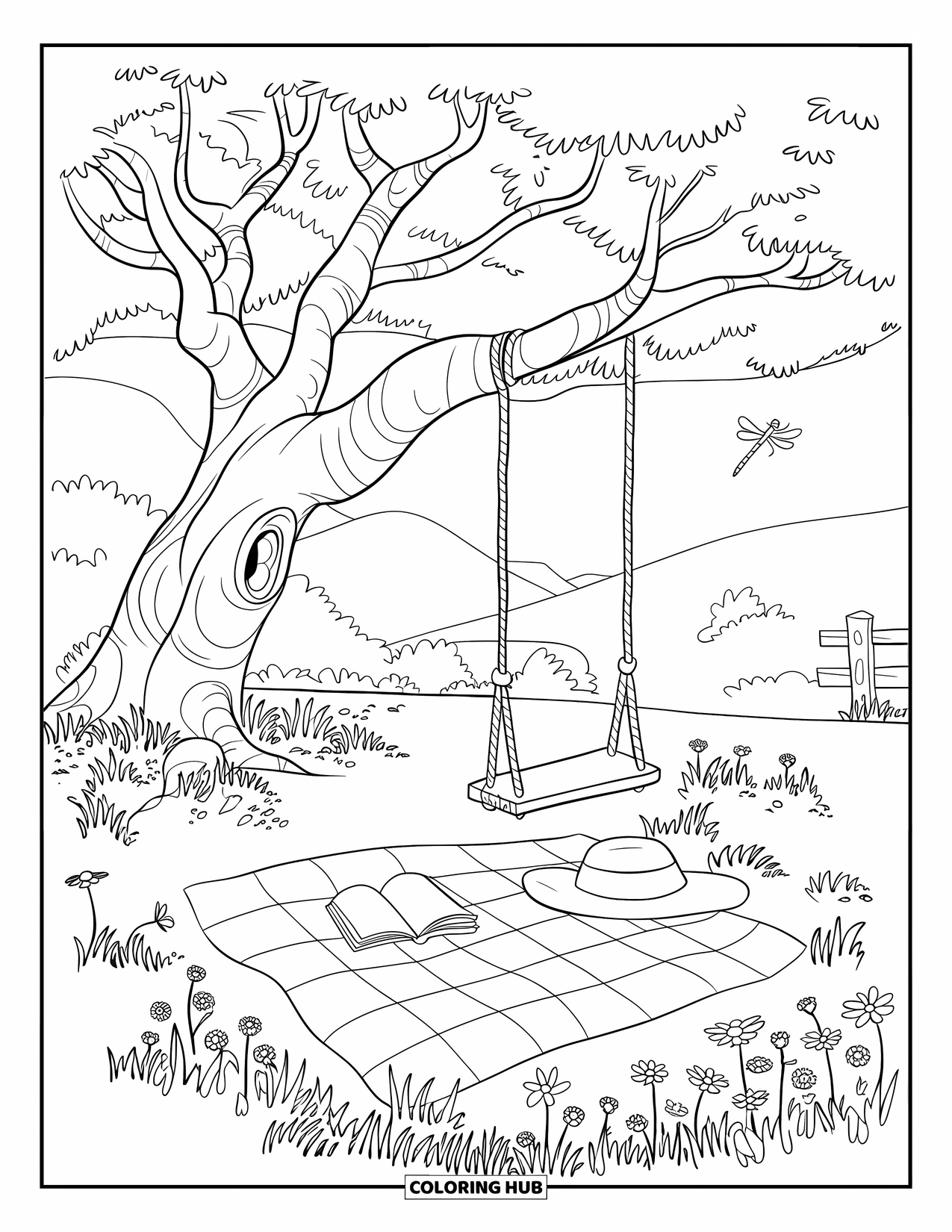 Outdoor Coloring Page for Kids: A patchwork quilt rests under a tree swing in a flowery meadow