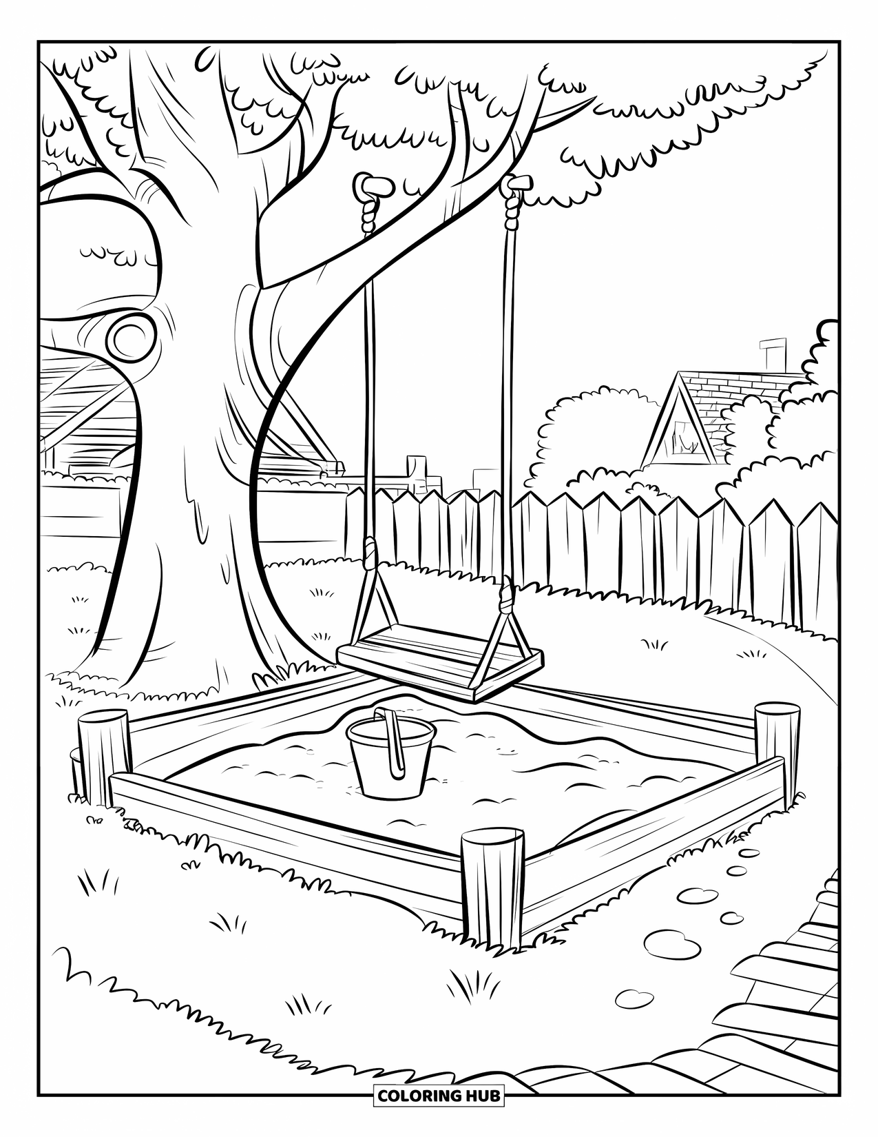 Outdoor Coloring Page for Kids: A sandbox and swing rest in a shady yard beside a path