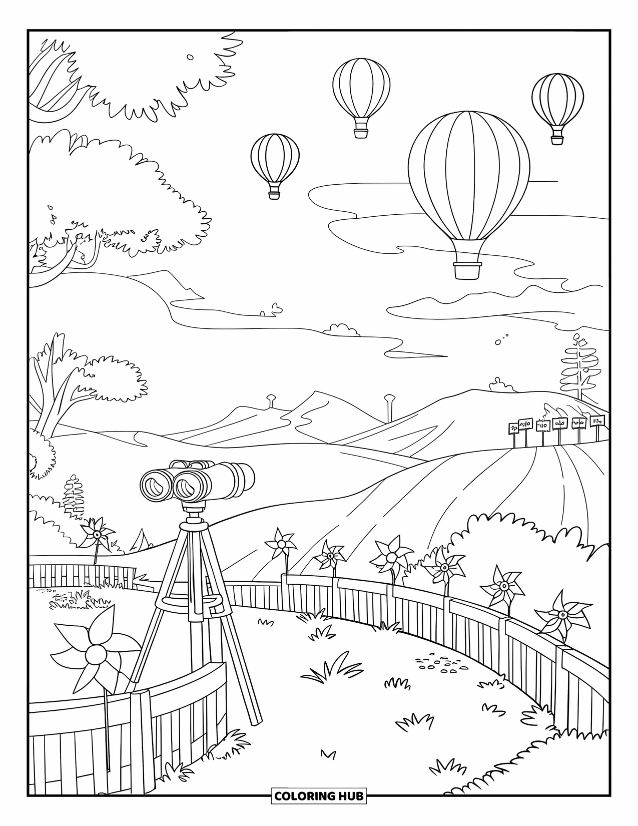 Outdoor Coloring Page for Kids: A scenic hilltop deck looks out over floating hot air balloons
