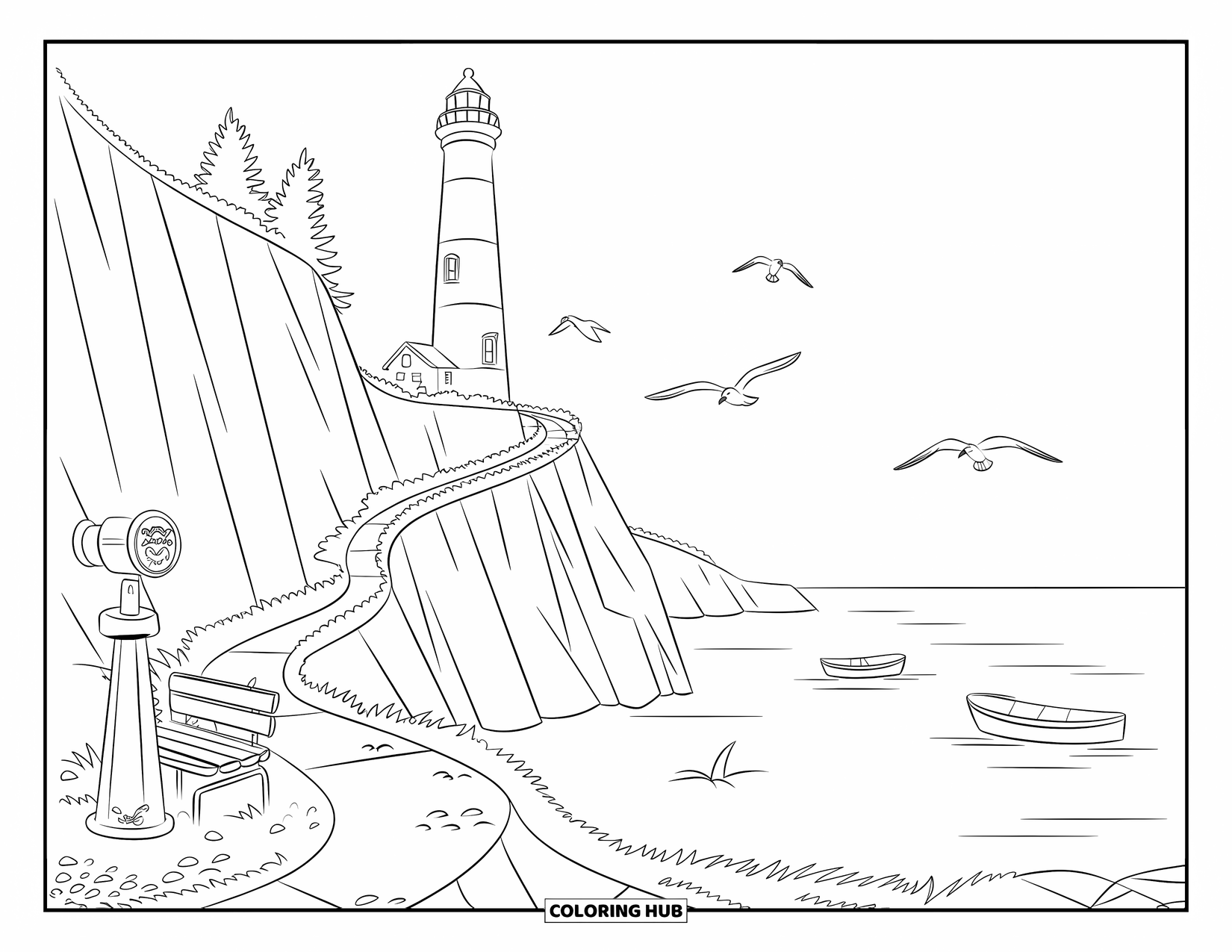 Outdoor Coloring Page for Kids: A winding trail passes a lighthouse and lookout bench high above the ocean