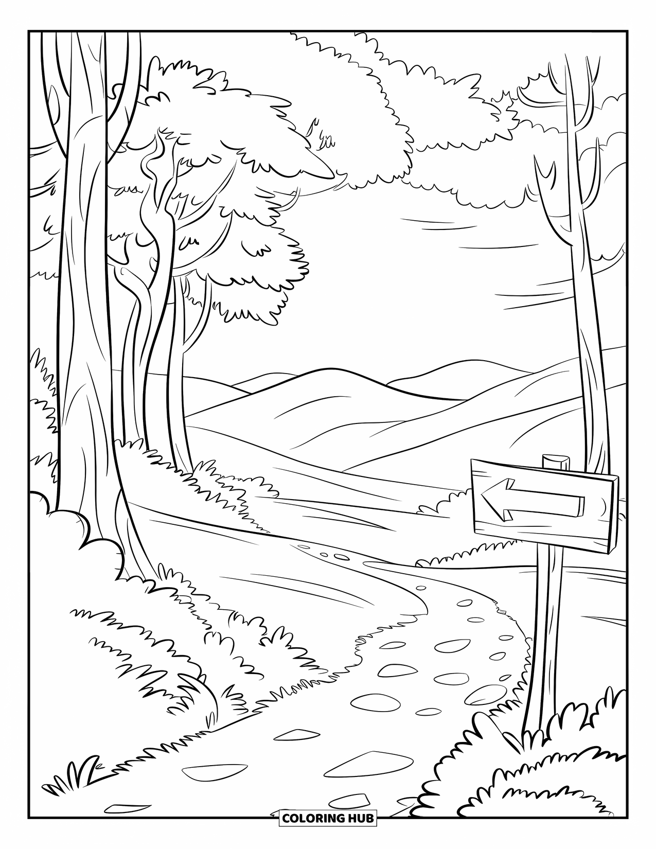 Outdoor Coloring Page for Kids: A wooded trail stretches under trees with a wooden sign guiding the way