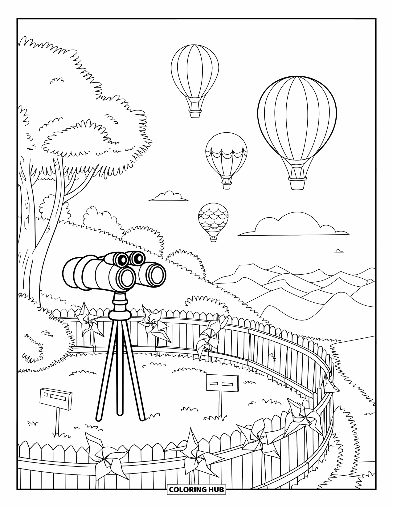 Outdoor Coloring Page for Kids: An observation deck with balloons above and pinwheels spinning in the breeze