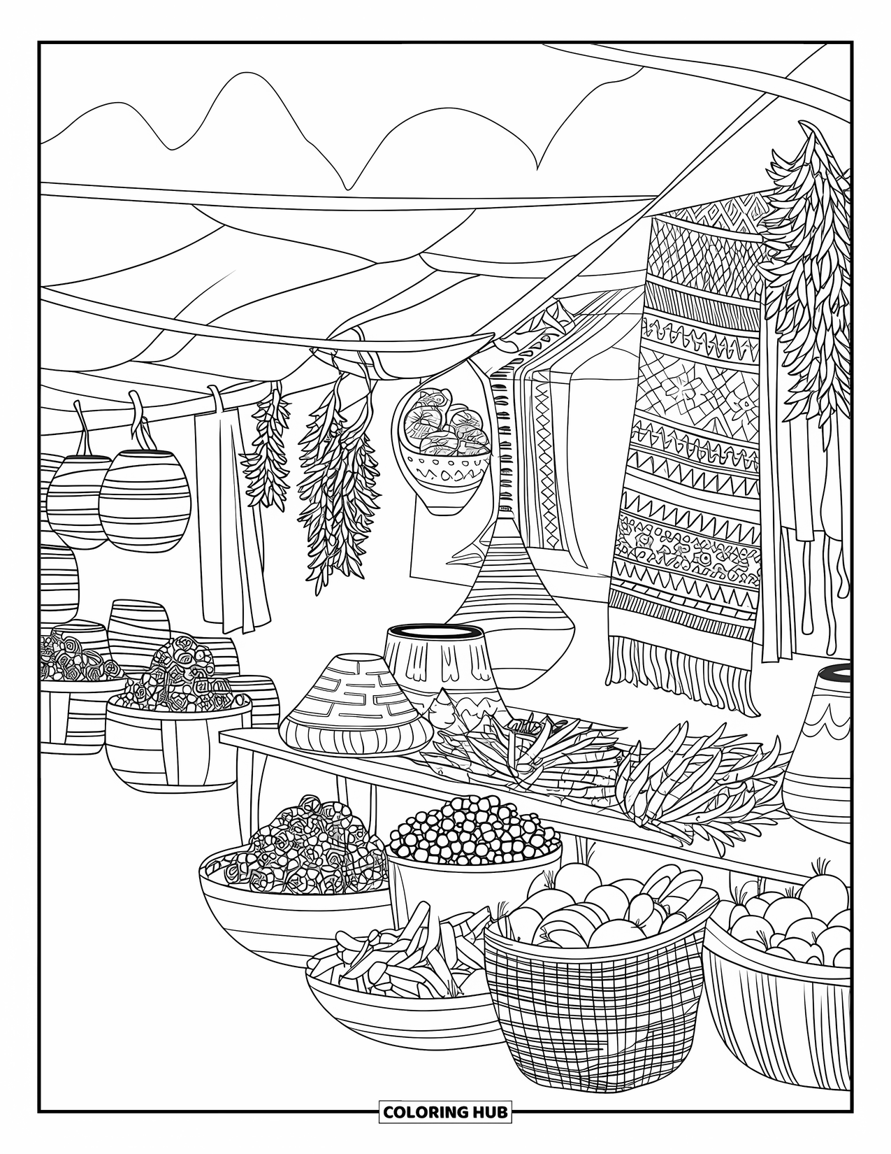 Peru Coloring Page for Adults: A busy Andean market displays woven goods, pottery, and fresh produce