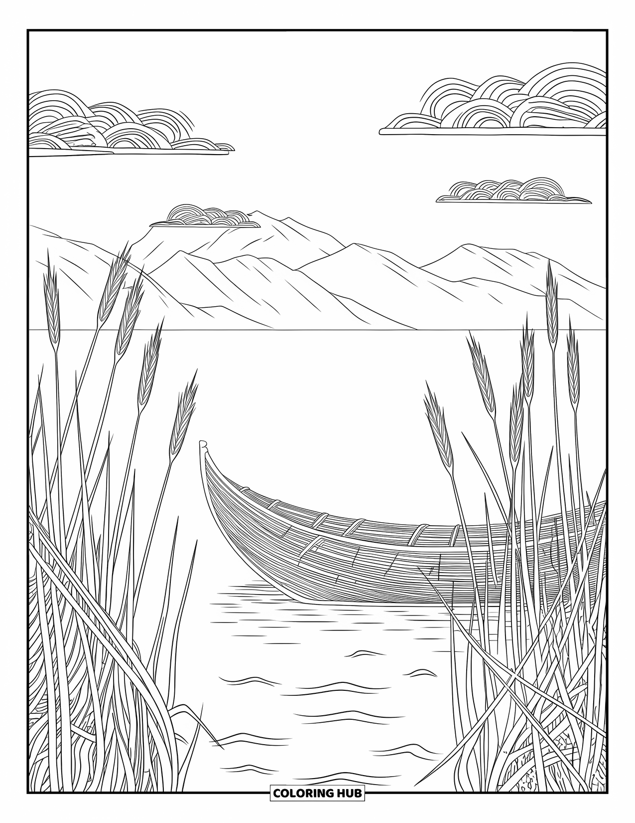 Peru Coloring Page for Adults: A detailed reed boat rests among waves, reeds, and mountain clouds
