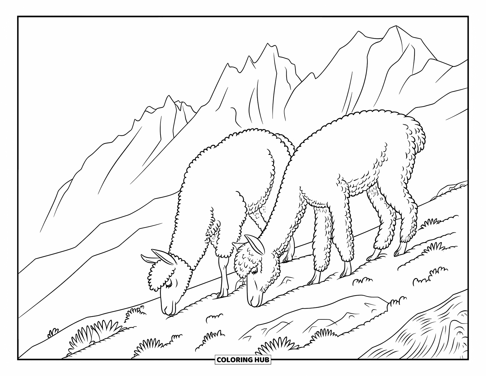 Peru Coloring Page for Adults: A fluffy llama and alpaca munch grass beneath sharp mountain peaks