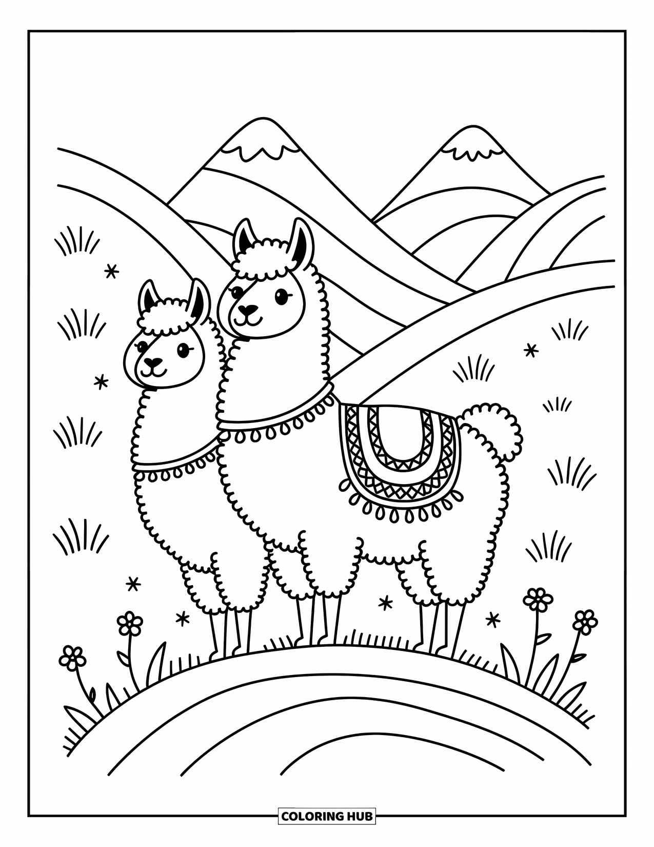 Peru Coloring Page for Adults: A pair of llamas rest on a gentle slope under distant snow-capped peaks