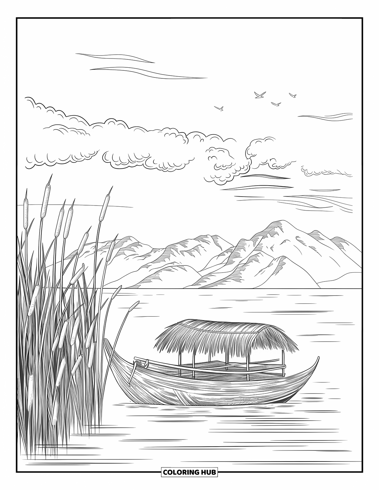 Peru Coloring Page for Adults: A thatched boat floats calmly near distant peaks and birds in the sky