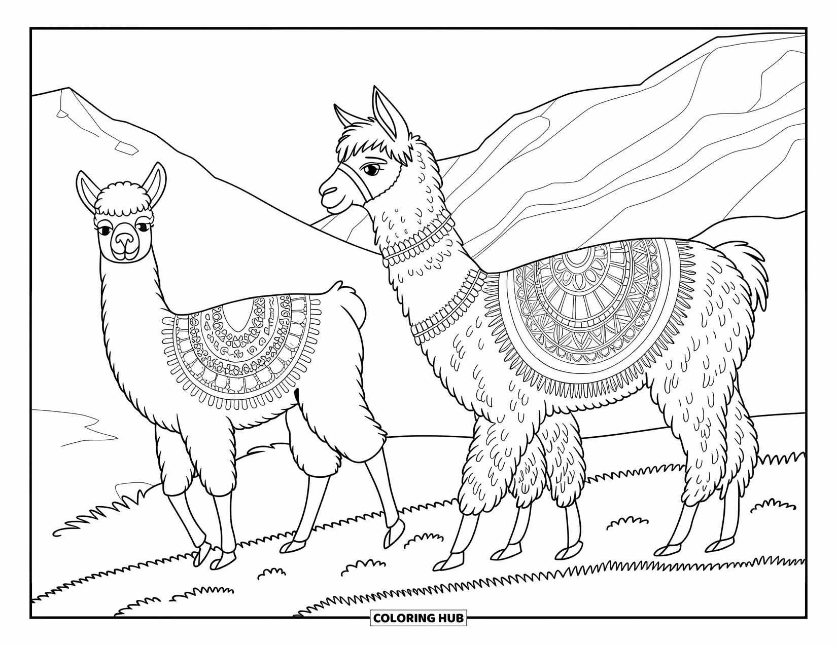 Peru Coloring Page for Adults: Alpaca and llama graze with patterned coats and mountain views all around