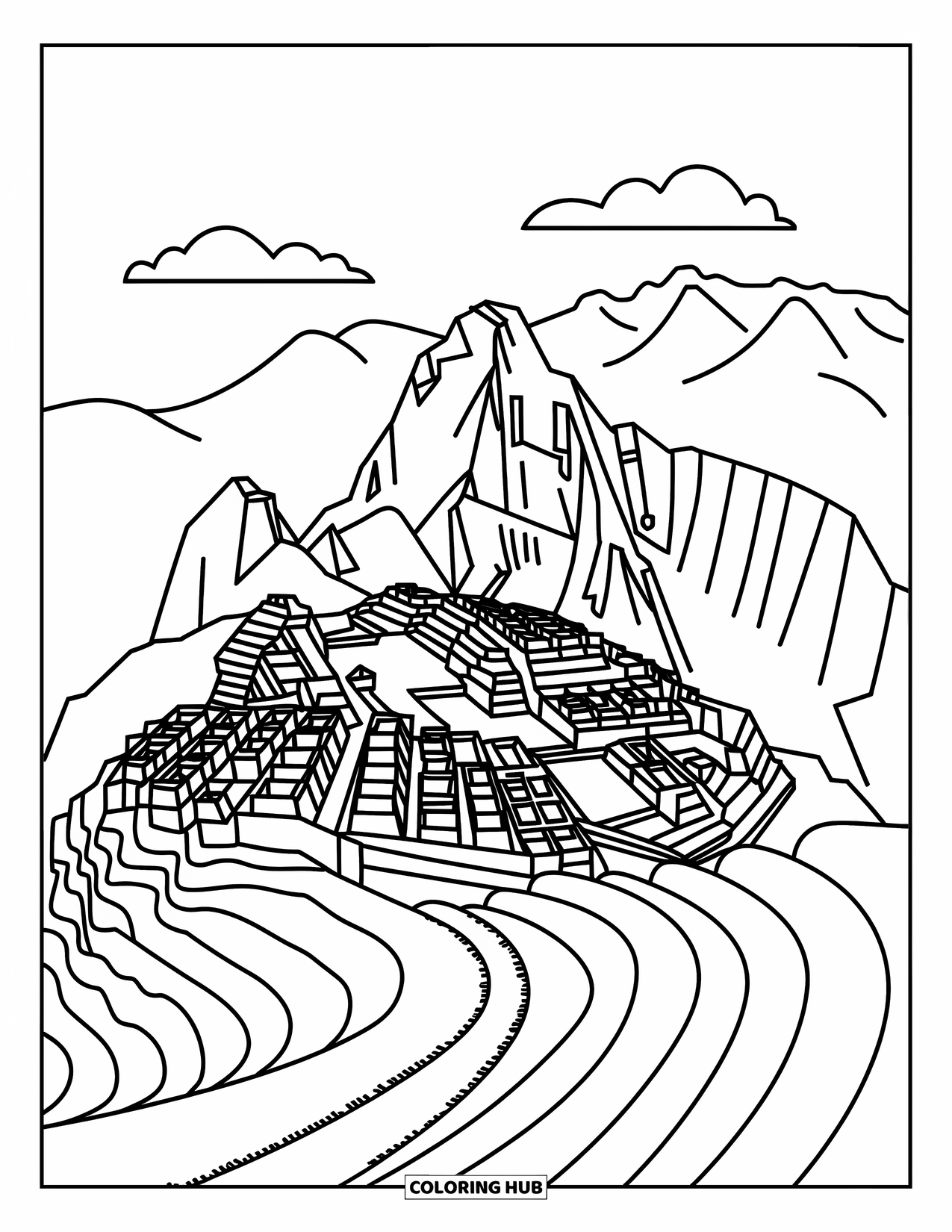 Peru Coloring Page for Adults: Blocky terraces and a curving path lead to the top of Machu Picchu