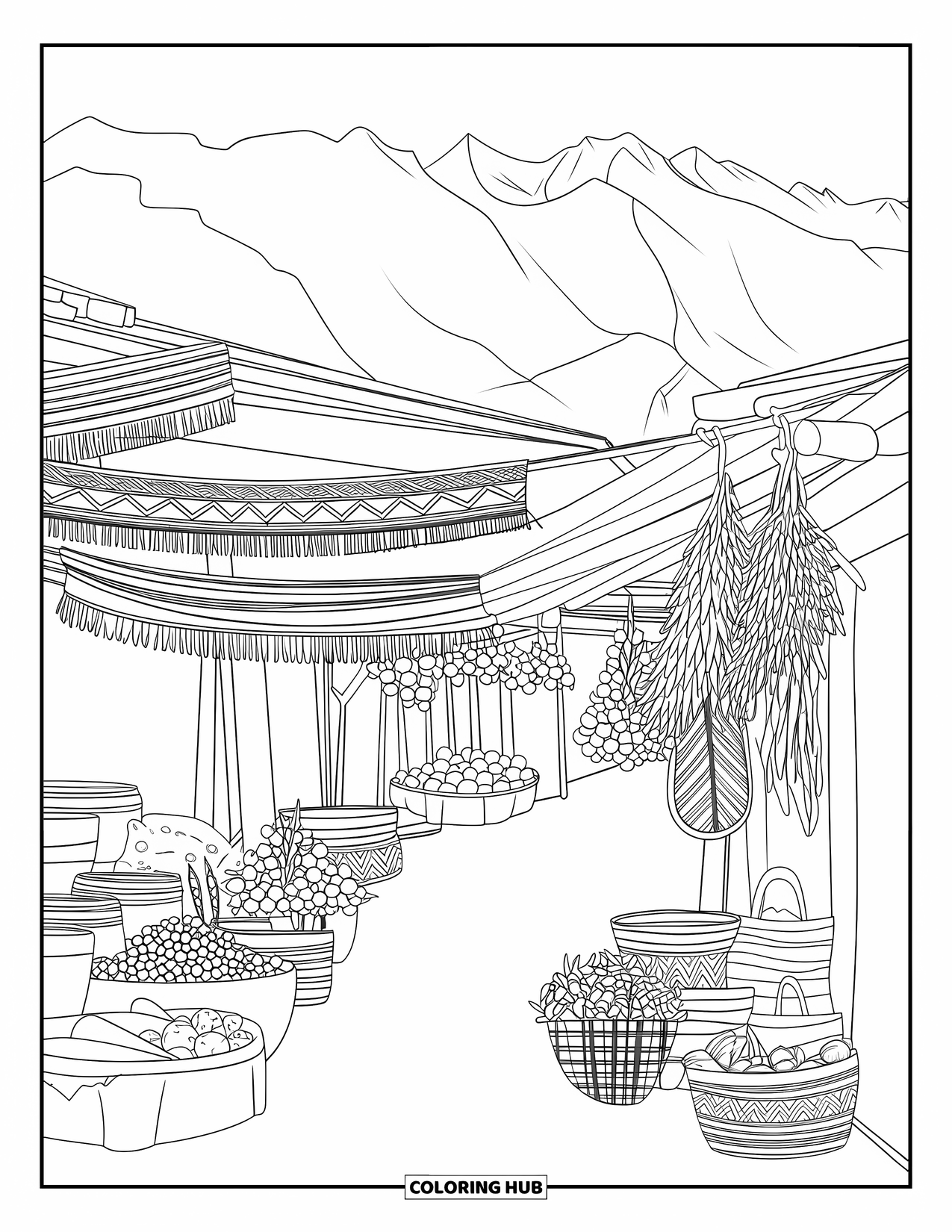 Peru Coloring Page for Adults: Hanging herbs and woven goods brighten a lively market in the Andes