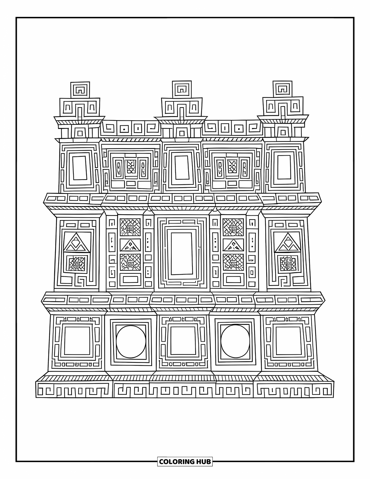 Peru Coloring Page for Adults: Precise stone patterns and carvings create a relaxing Inca wall scene