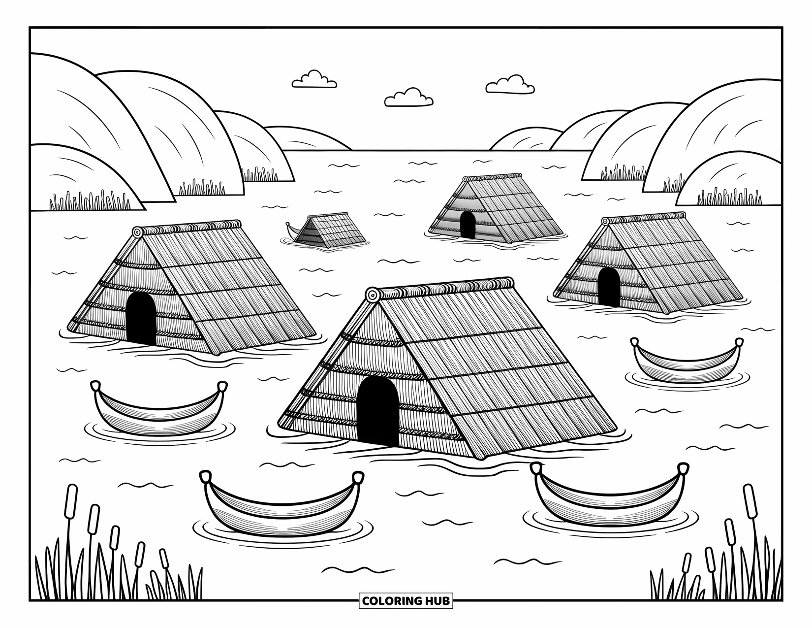Peru Coloring Page for Adults: Reed huts float calmly on the lake with boats and cattails all around