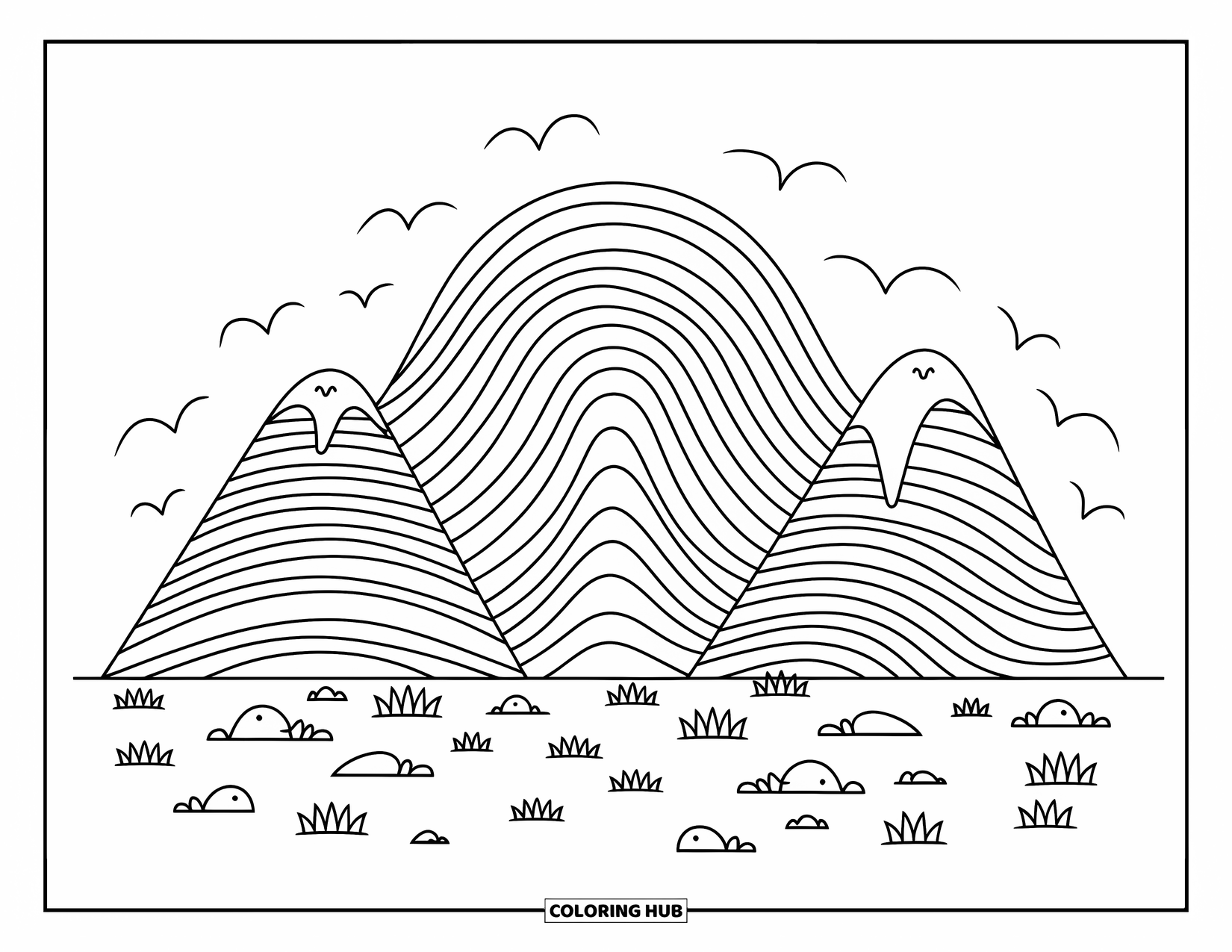 Peru Coloring Page for Adults: Smooth rainbow-like mountains rise with birds and grass along a soft, winding trail