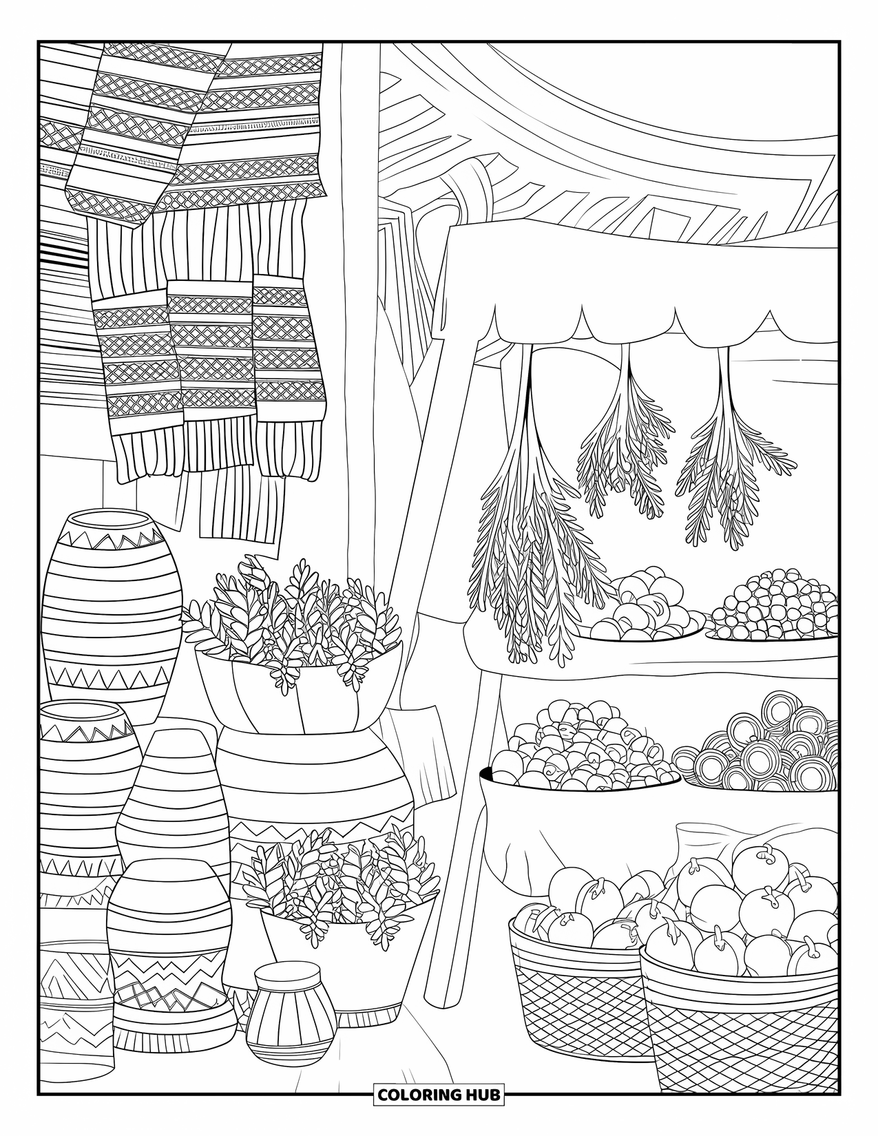 Peru Coloring Page for Adults: Textiles, herbs, and baskets fill a traditional Andean market scene