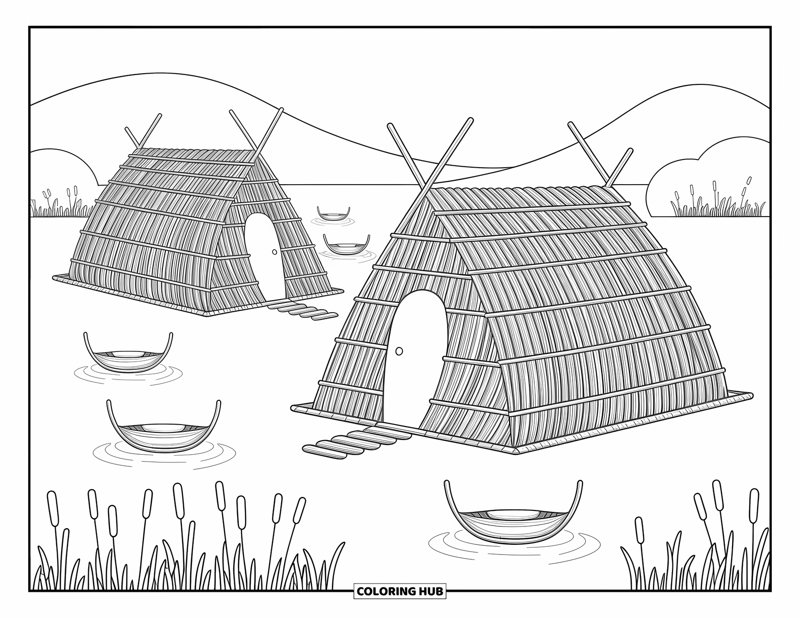Peru Coloring Page for Adults: Thatched huts drift on a peaceful lake with boats and cattails nearby