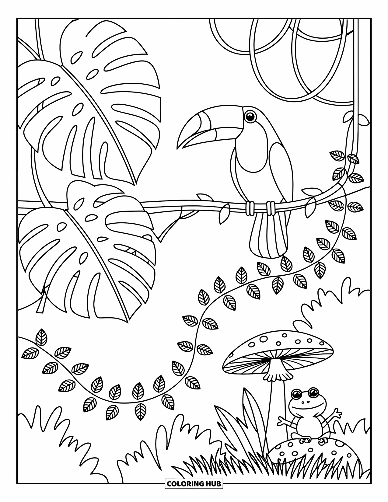 Peru Coloring Page for Adults: Tropical leaves surround a toucan while ants march and a frog sits on a mushroom