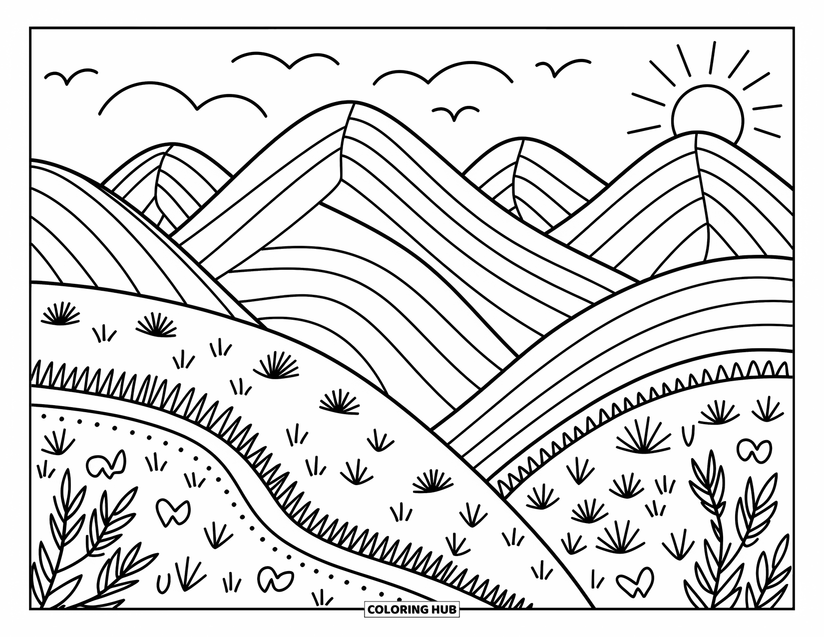 Peru Coloring Page for Adults: Wavy mountain peaks stretch under birds and a sunlit trail scattered with tiny details
