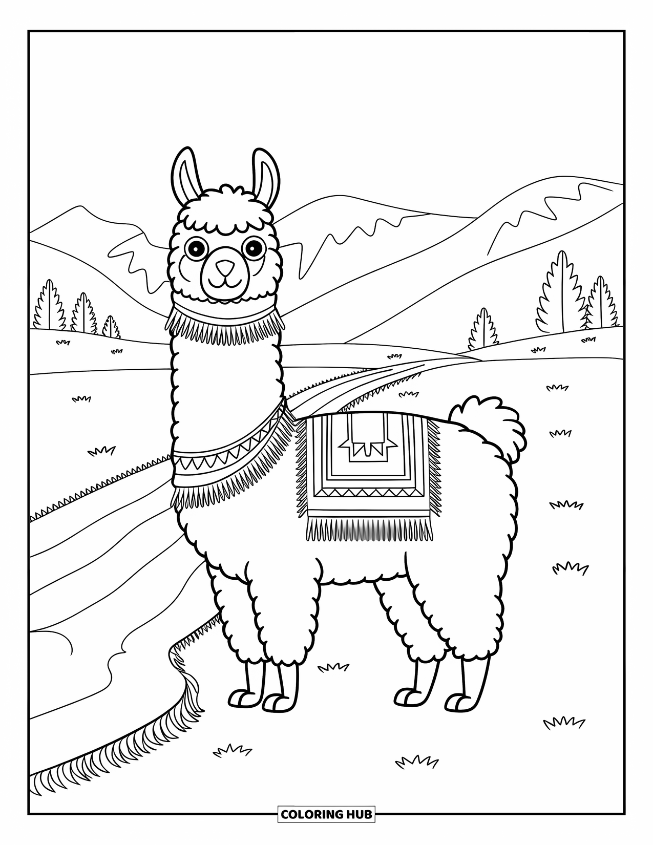 Peru Coloring Page for Kids: A decorated llama waits on a path with trees and distant hills