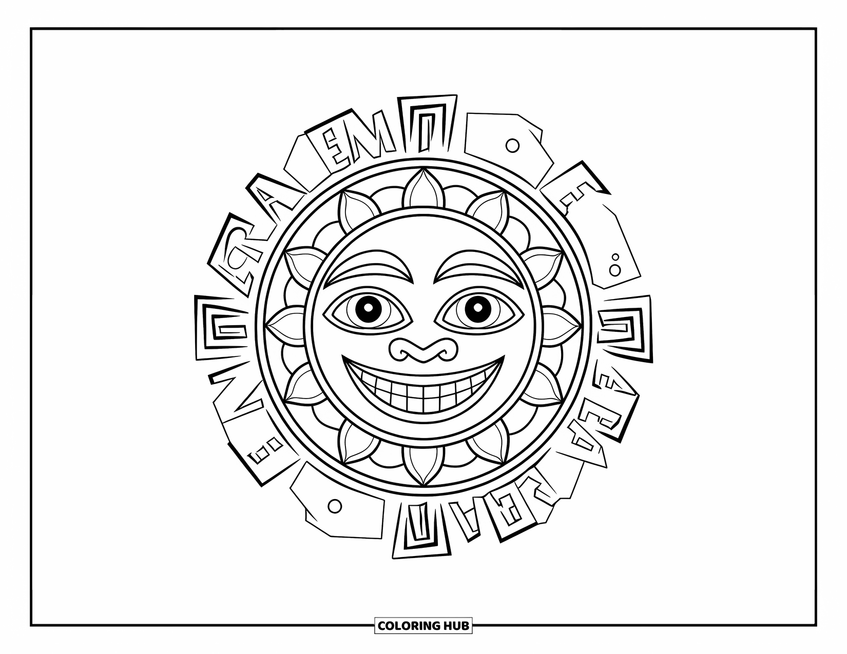 Peru Coloring Page for Kids: A happy sun with big eyes beams inside a ring of words