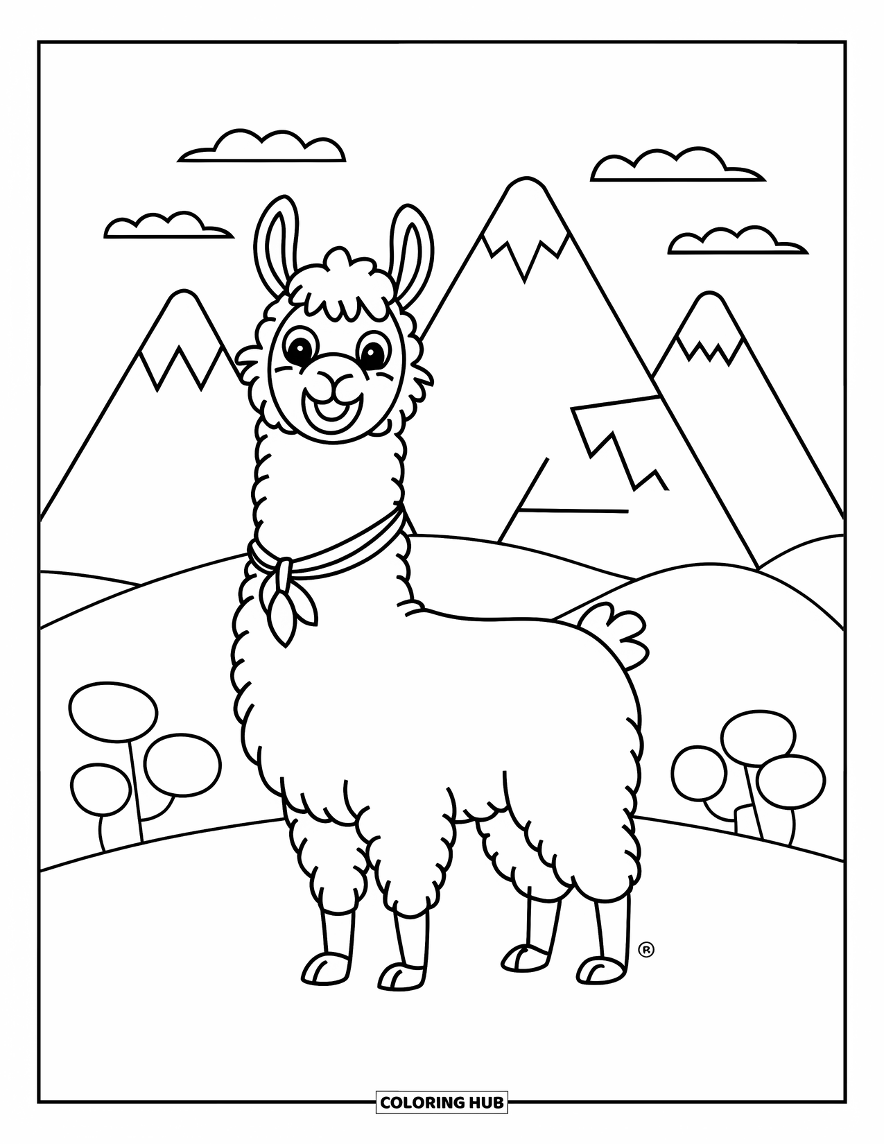 Peru Coloring Page for Kids: A llama grins widely with a red scarf and peaceful background