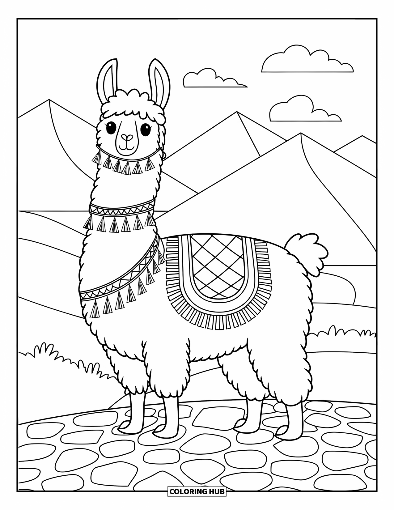 Peru Coloring Page for Kids: A llama with a woven blanket walks along a mountain trail