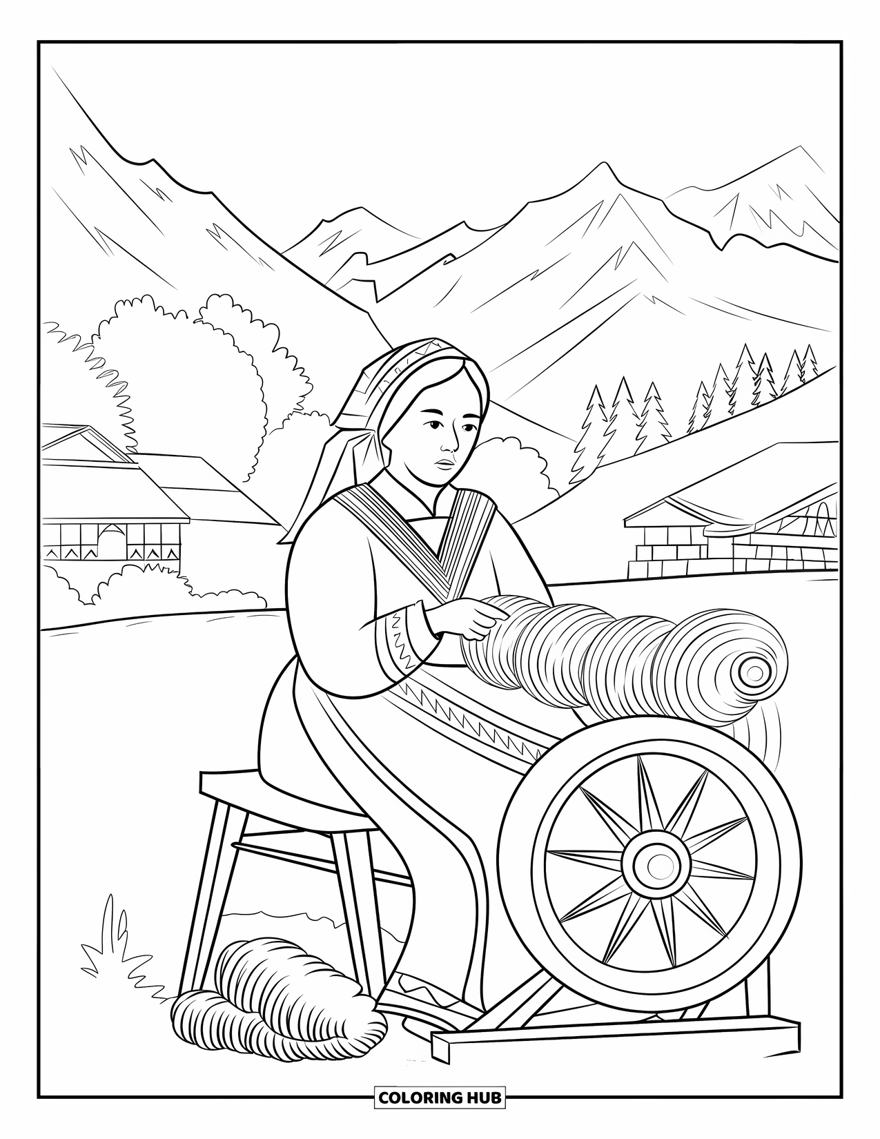 Peru Coloring Page for Kids: A Peruvian woman spins wool in a mountain village wearing a traditional outfit