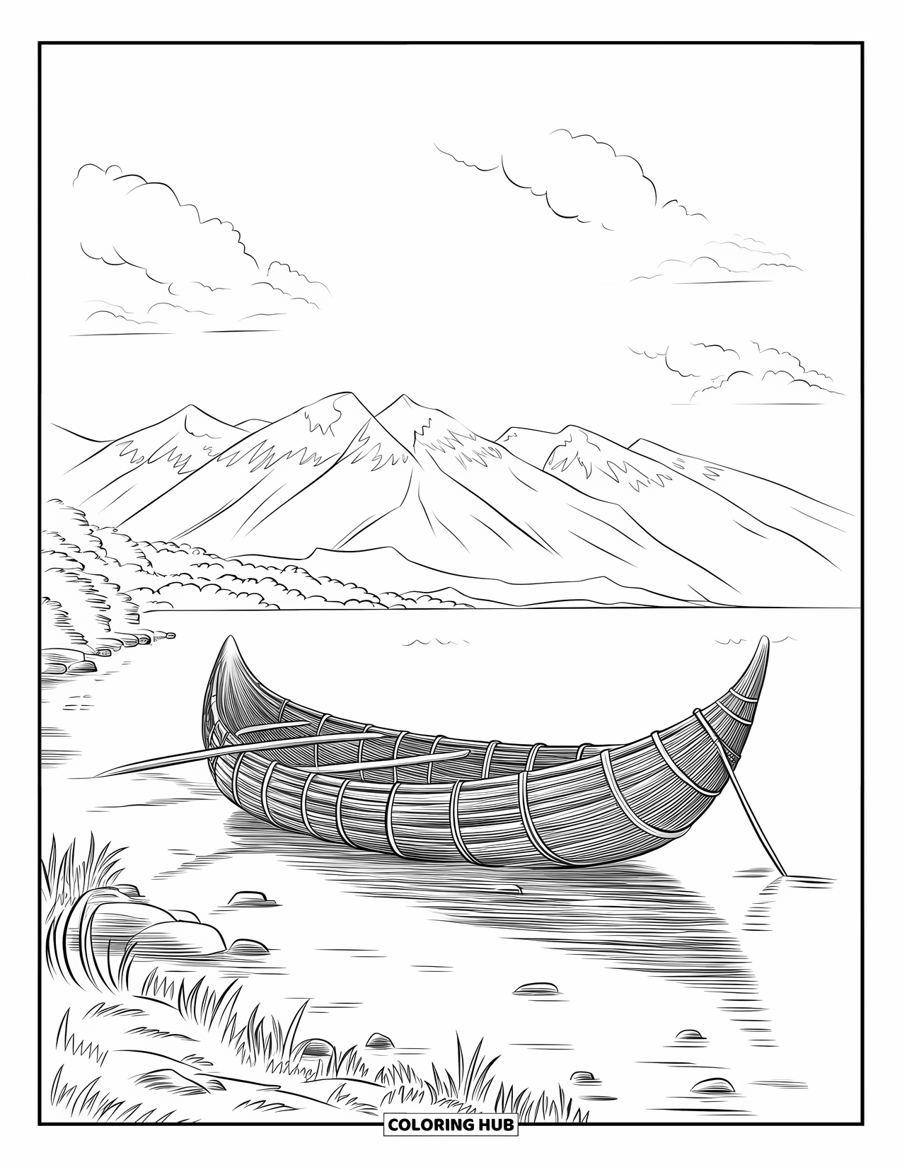 Peru Coloring Page for Kids: A reed boat rests near shore, surrounded by rocks and snowy mountain peaks