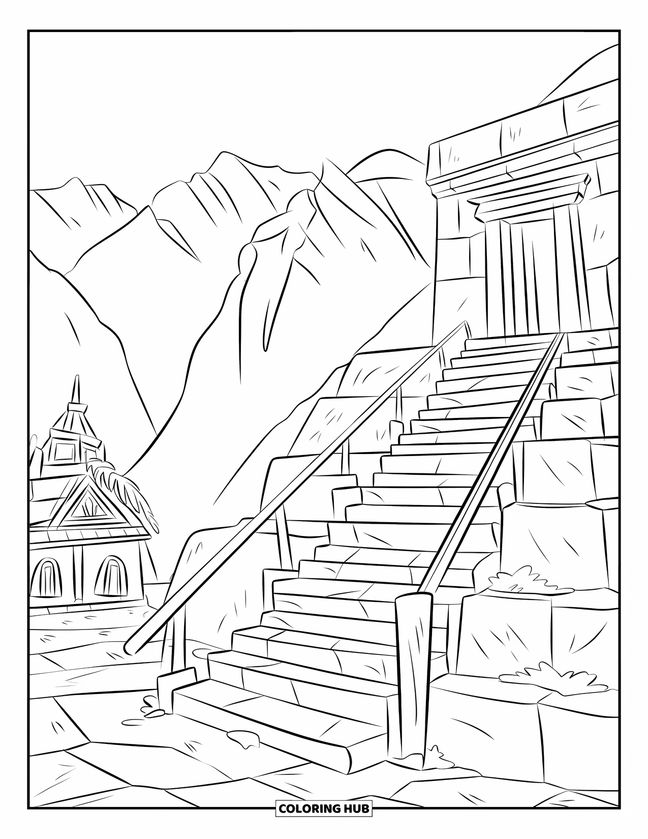 Peru Coloring Page for Kids: A stone stairway climbs past small Inca temples into the mountains