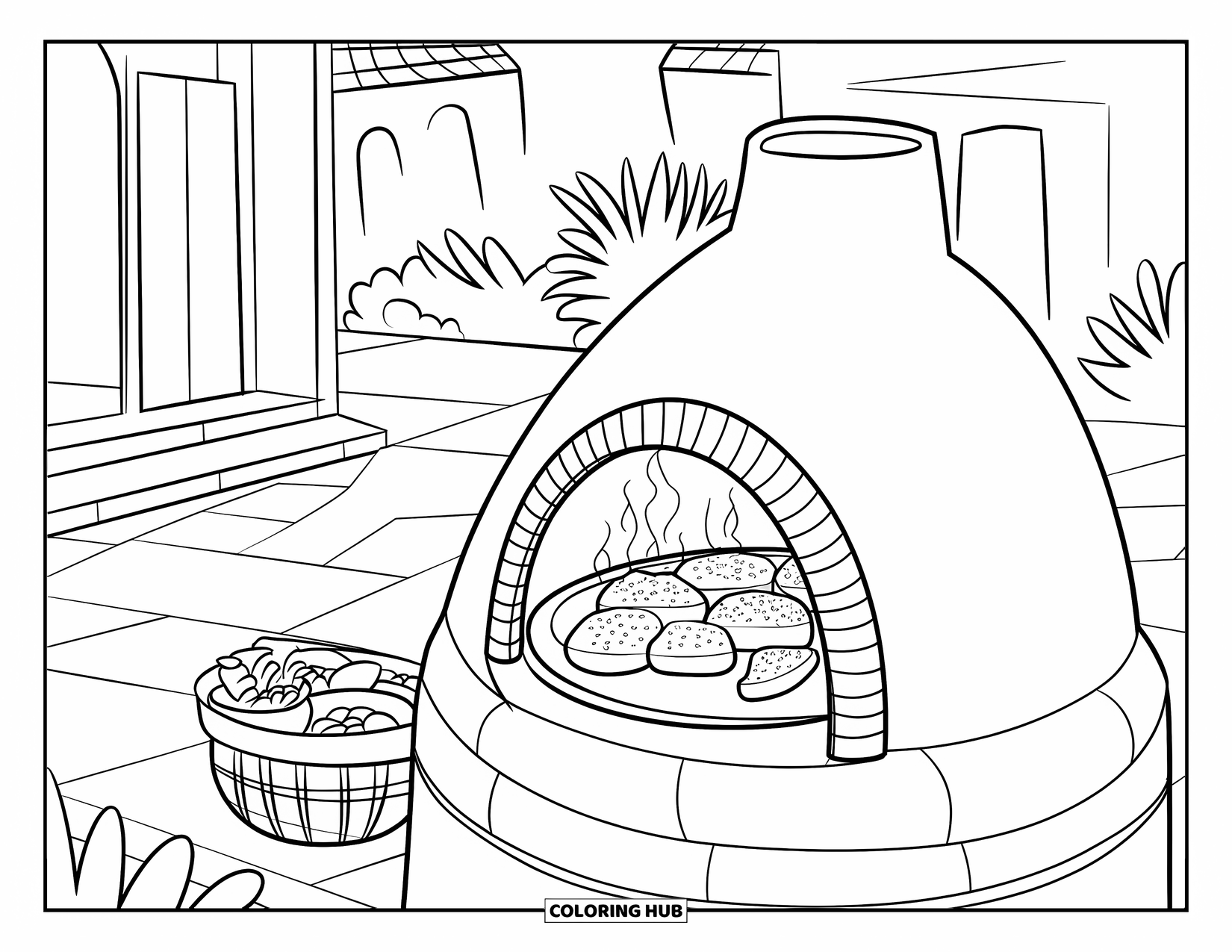 Peru Coloring Page for Kids: A traditional clay oven cooks food outdoors with smoke rising in a peaceful courtyard