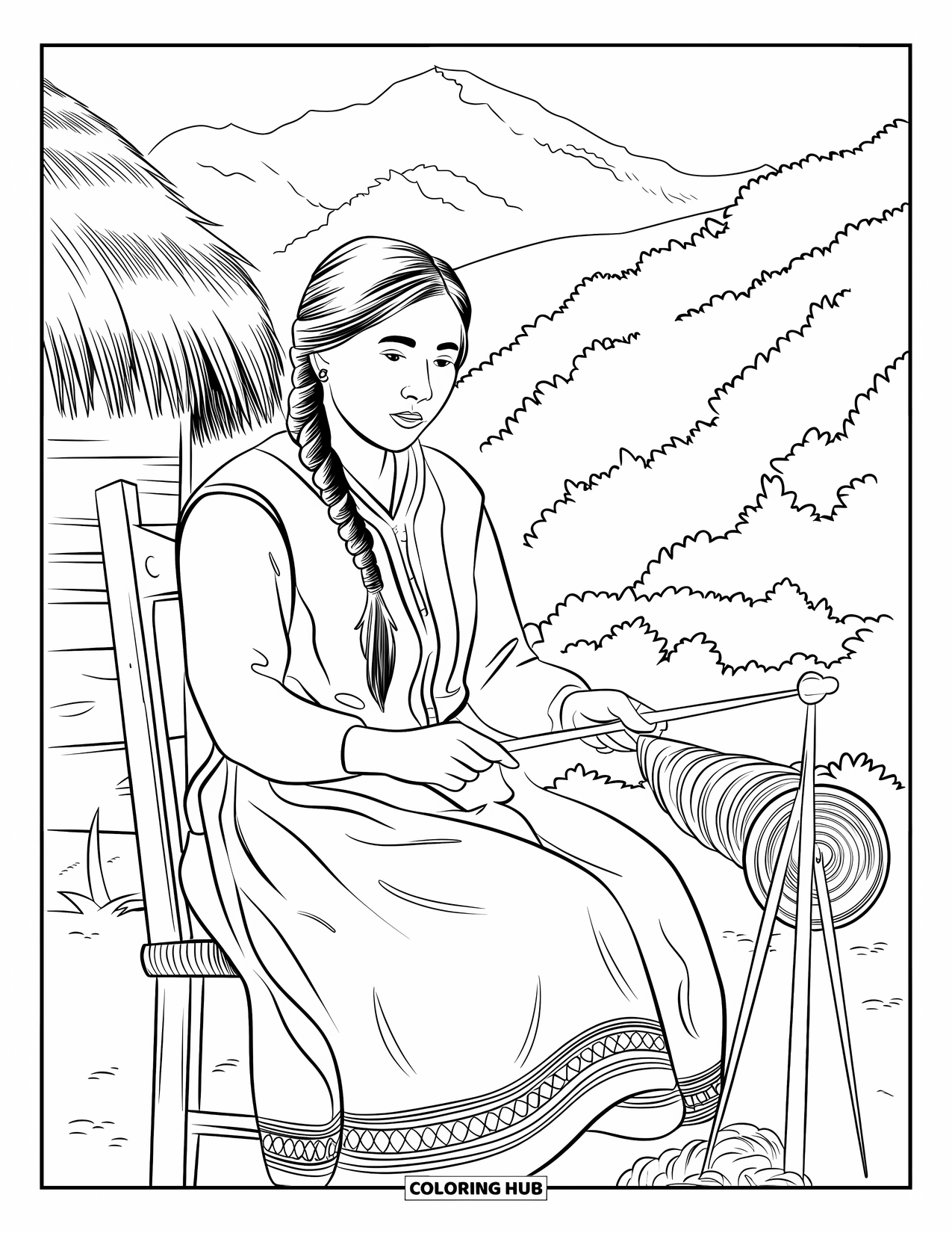 Peru Coloring Page for Kids: A woman spins wool outside a thatched hut in a lush mountain setting