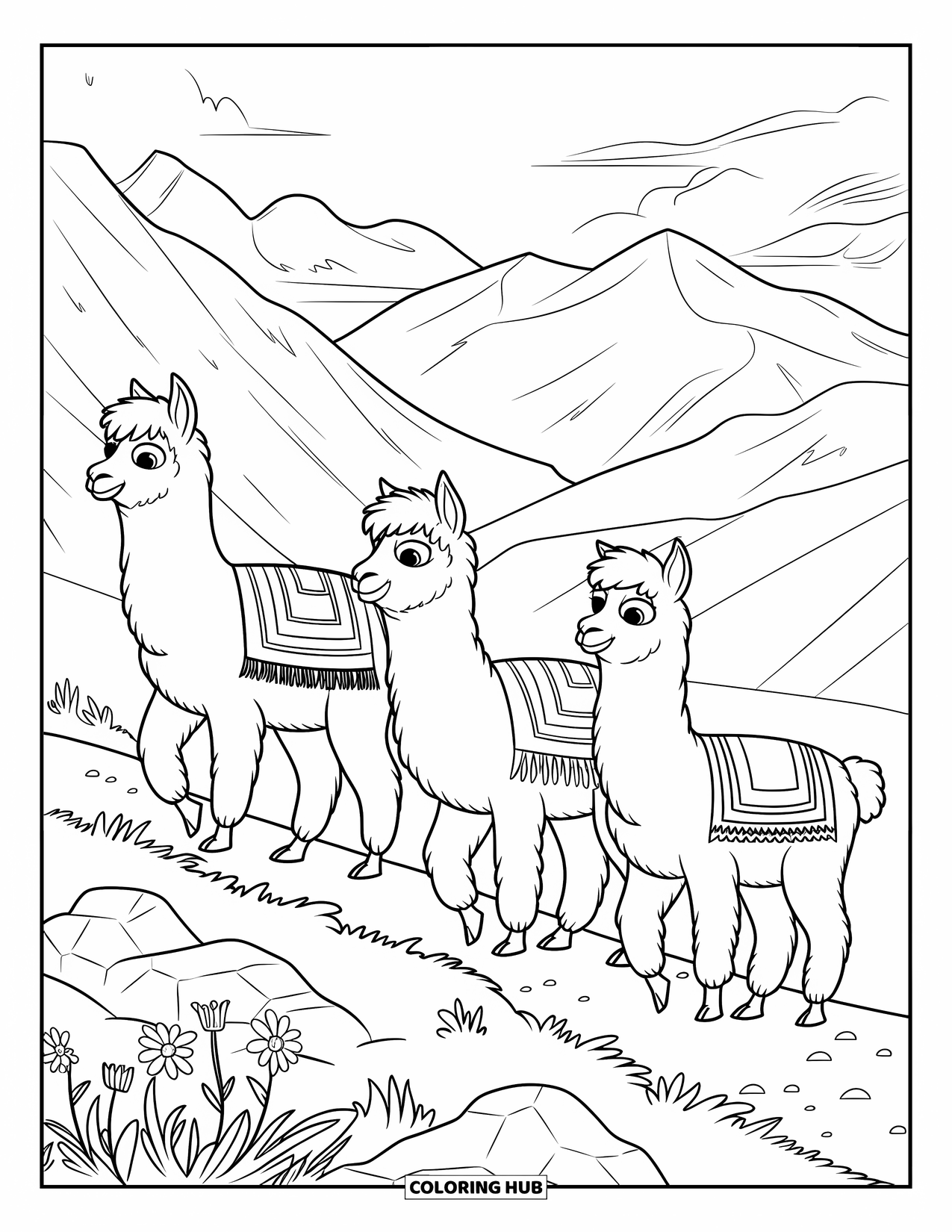 Peru Coloring Page for Kids: Alpacas walk a rocky trail among wildflowers and towering peaks