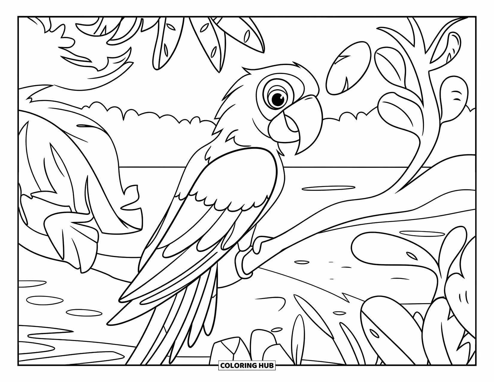 Peru Coloring Page for Kids: An Amazon parrot with vibrant feathers watches over the jungle and water