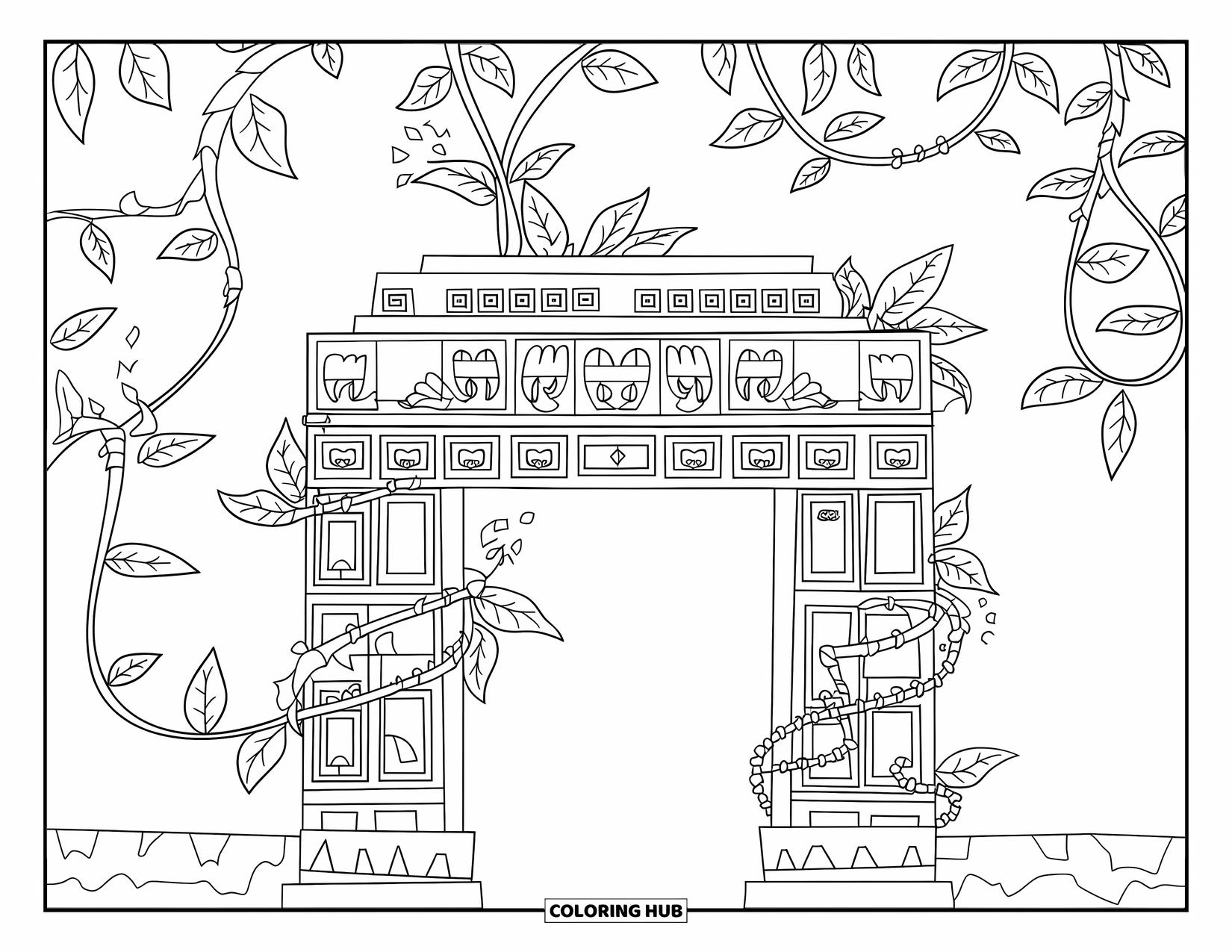 Peru Coloring Page for Kids: An ancient Inca archway stands tall with vines gently wrapped around its carvings