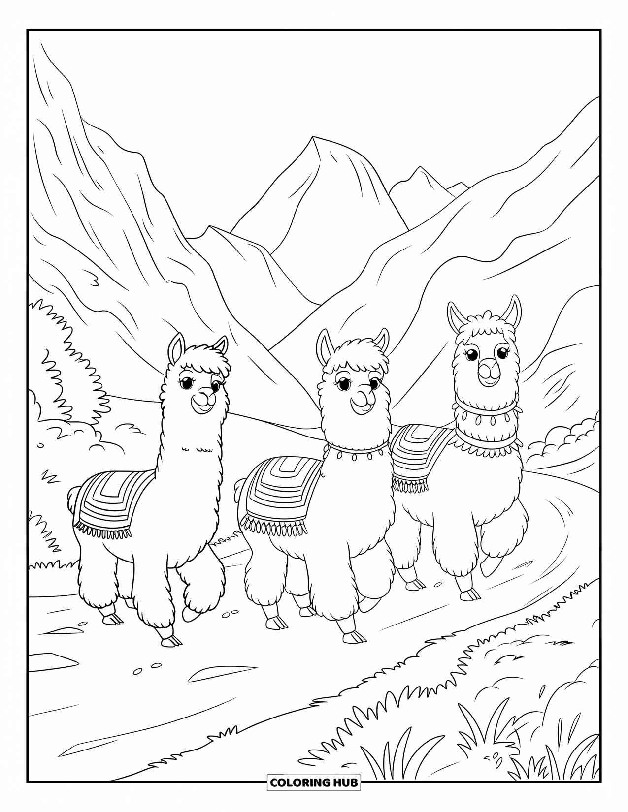 Peru Coloring Page for Kids: Fluffy alpacas stroll past greenery and rocks in the highlands