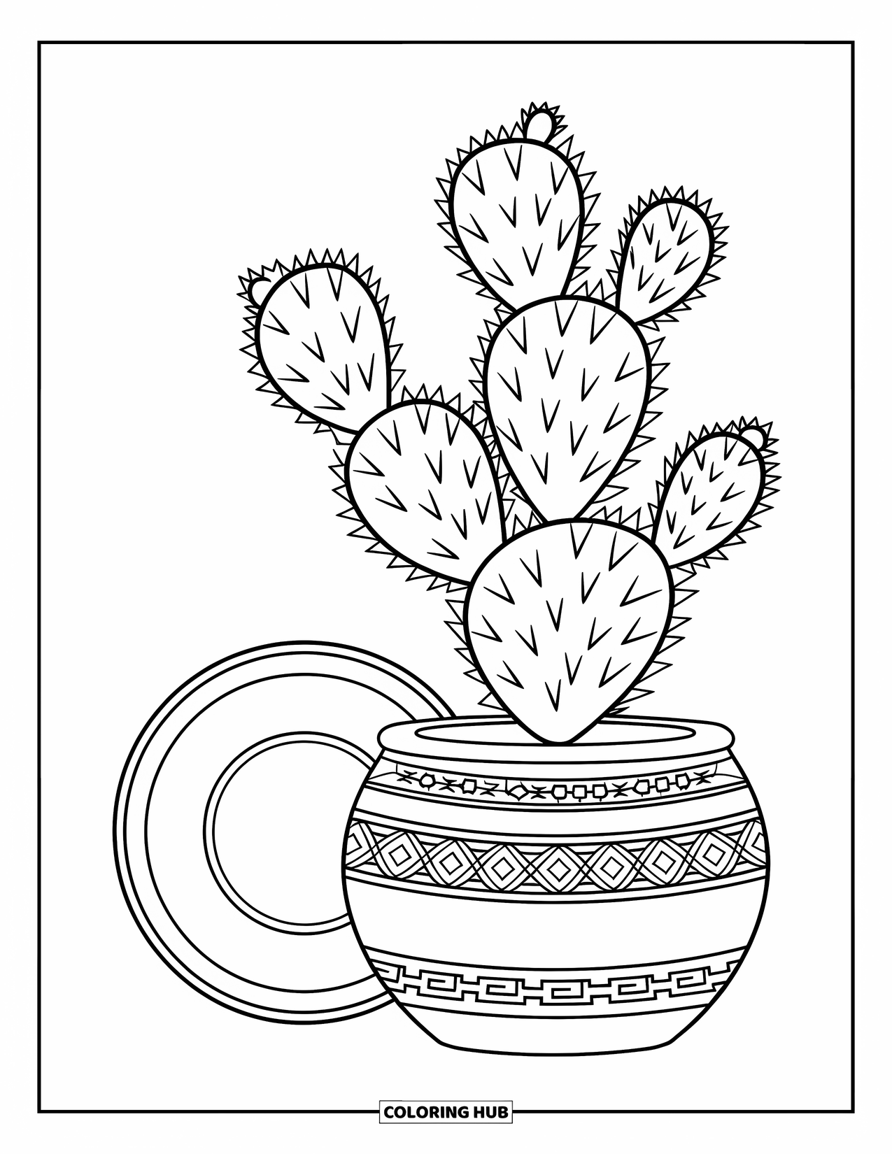 Peru Coloring Page for Kids: Geometric patterns decorate a pot beside a spiky cactus