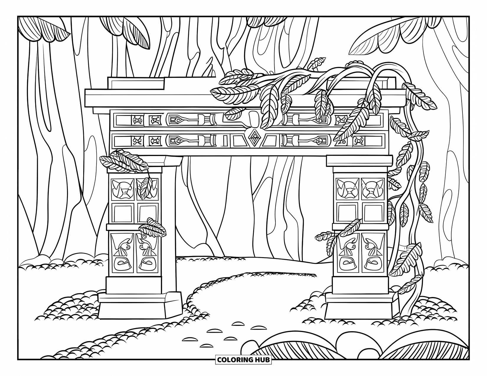 Peru Coloring Page for Kids: Intricate carvings and leafy vines decorate a stone Inca archway among tall trees