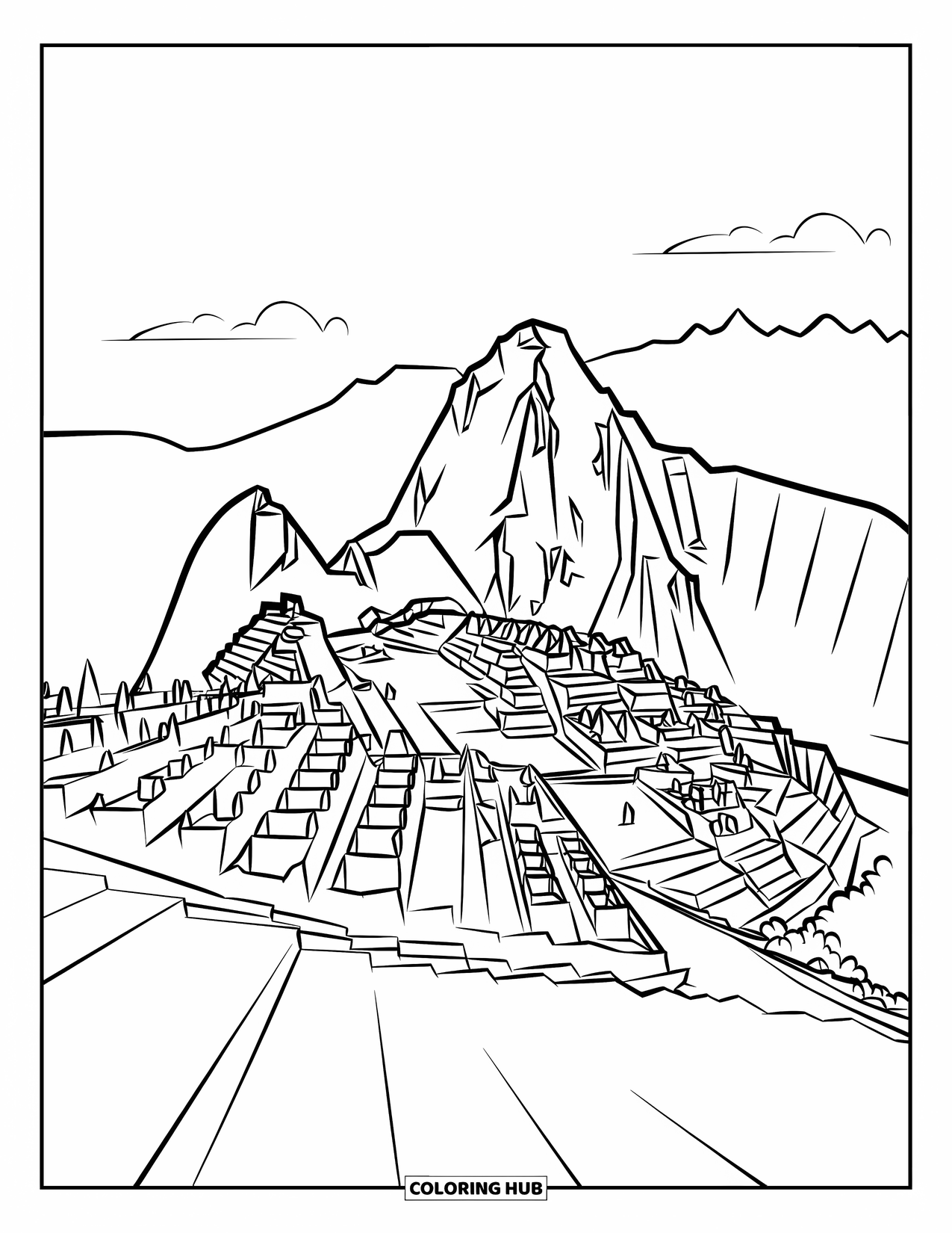 Peru Coloring Page for Kids: Machu Picchu rises above lush greenery and clear skies with ancient terraces