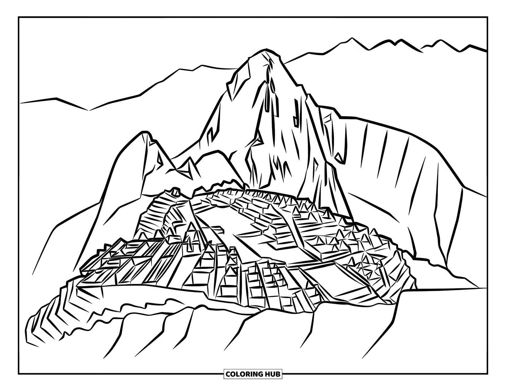 Peru Coloring Page for Kids: Machu Picchu's terraces and staircase stand tall among Andes peaks