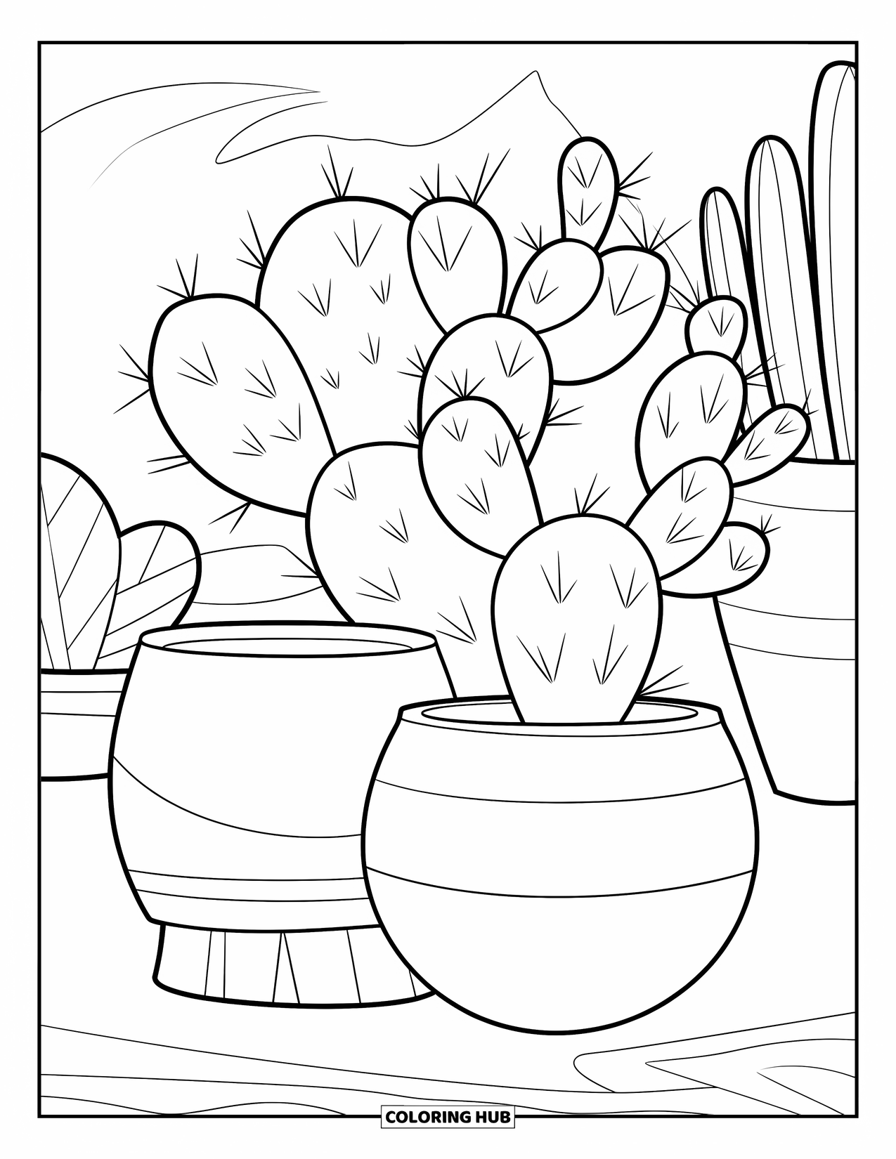 Peru Coloring Page for Kids: Sharp spines and sturdy pots define this quiet desert scene
