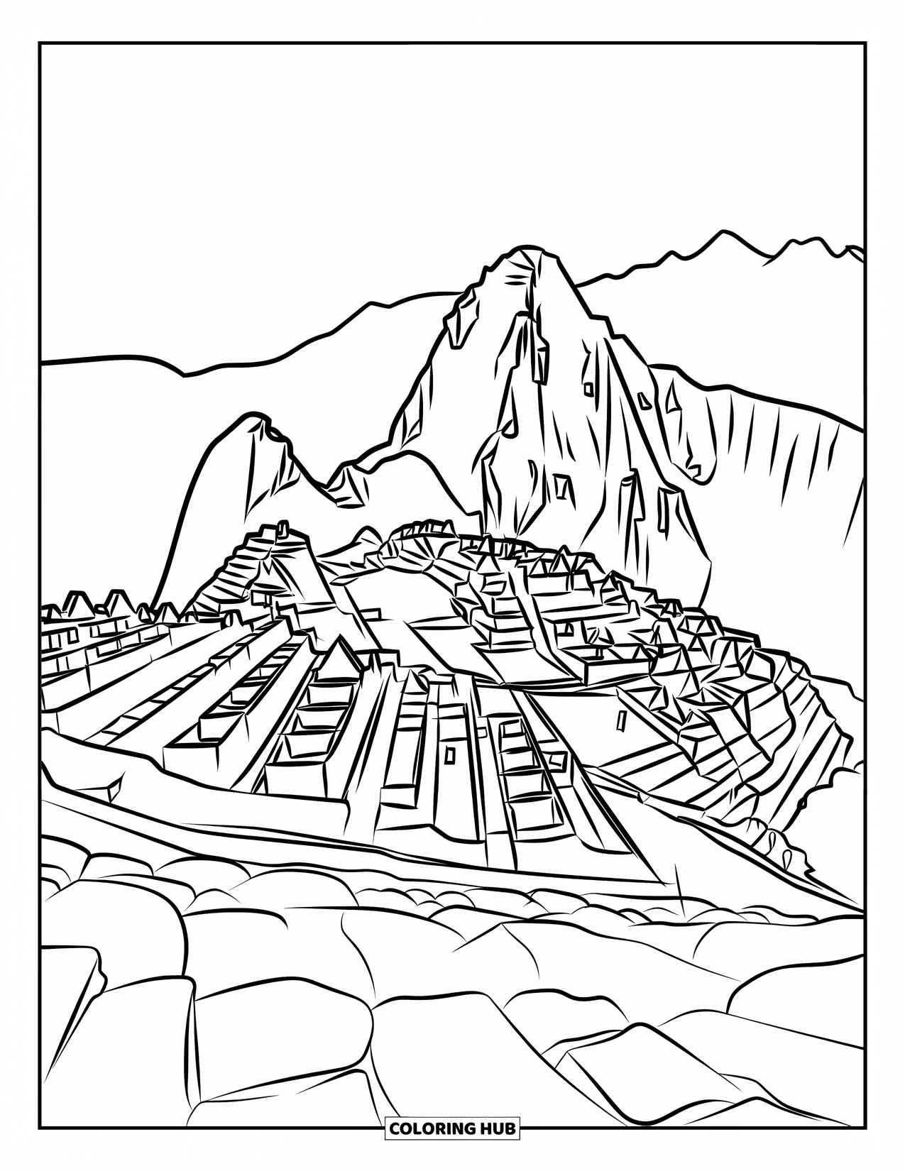 Peru Coloring Page for Kids: Stone steps wind through Machu Picchu's ancient ruins and high mountain peaks