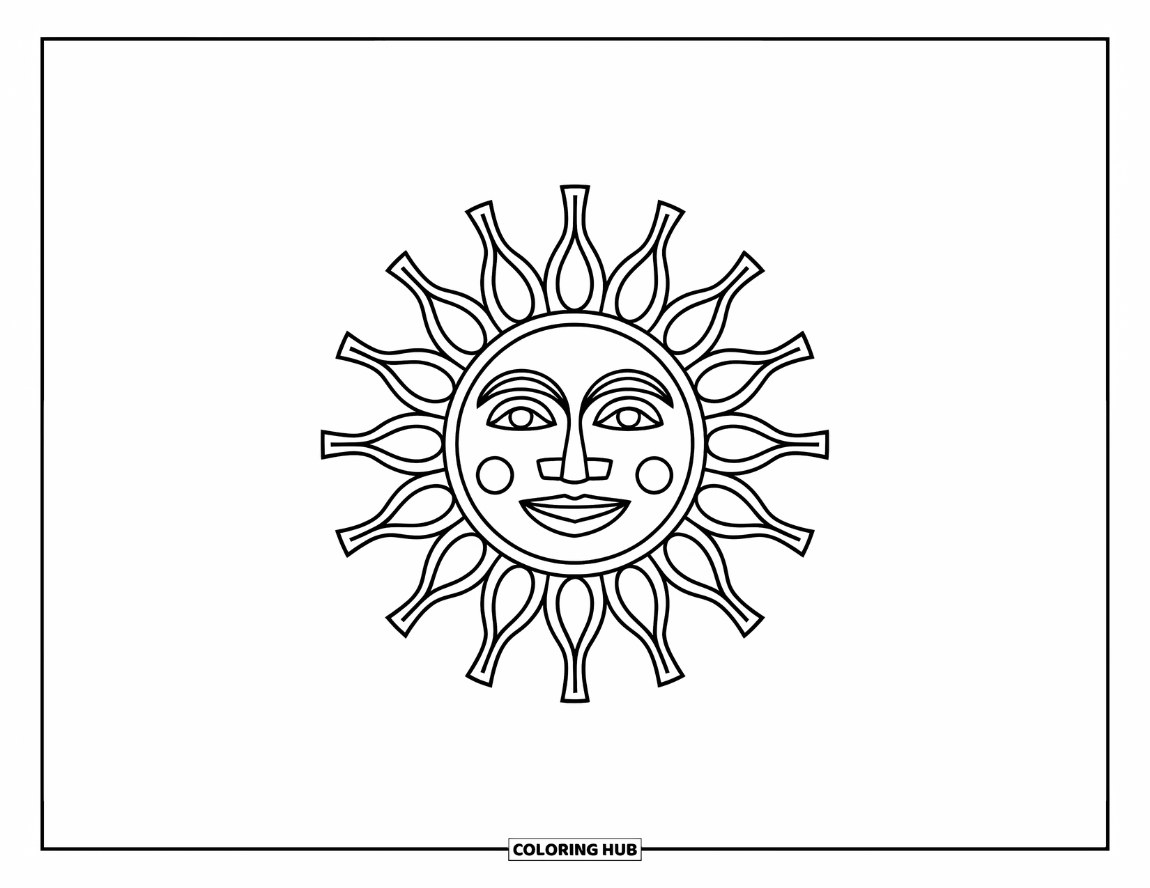 Peru Coloring Page for Kids: The Inca sun smiles brightly with patterned rays and simple lines