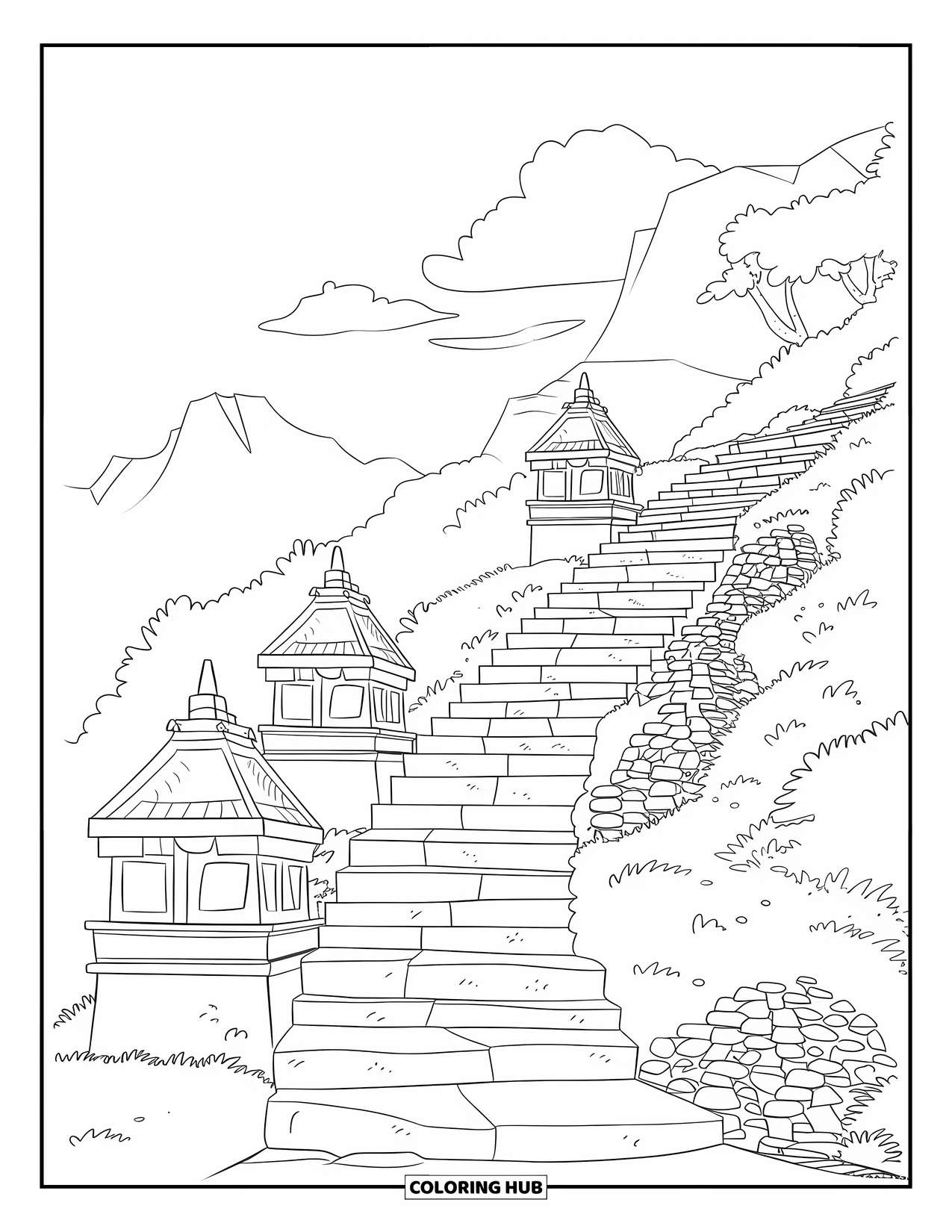 Peru Coloring Page for Kids: The Inca Trail climbs through lush greenery and ancient temples