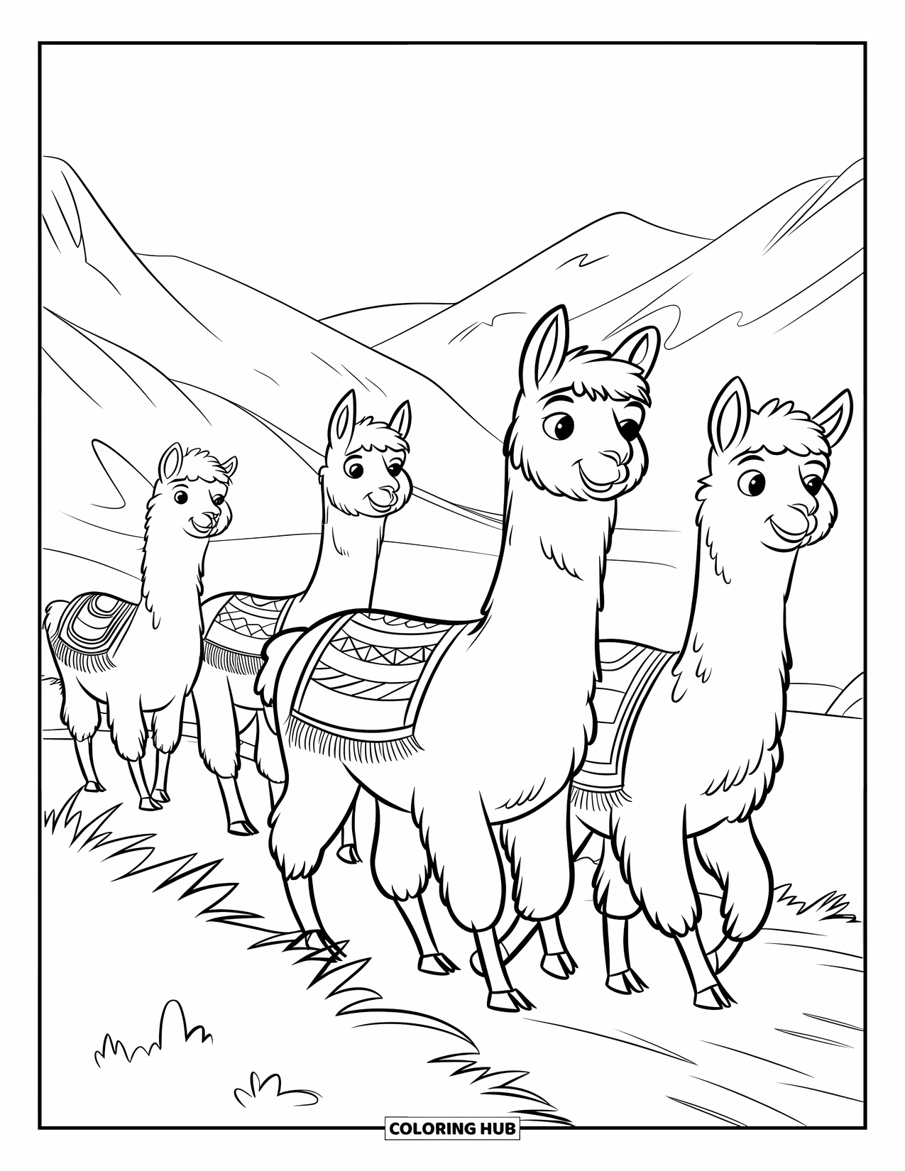 Peru Coloring Page for Kids: Three alpacas walk a mountain trail wearing colorful blankets
